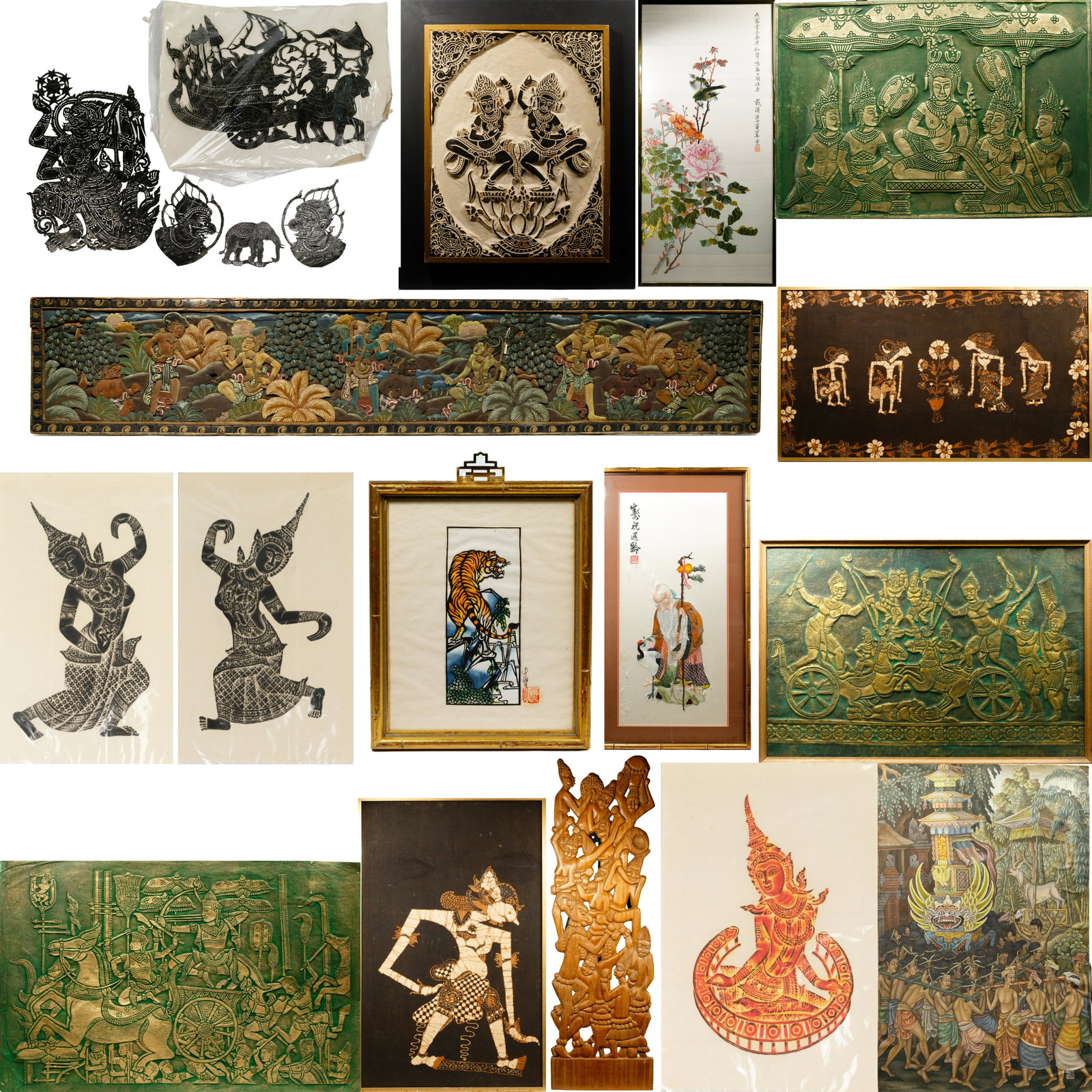 Asian Decorative Object Assortment: Asian Decorative Object Assortment (20) items including (5) Asian linocut objects; a Balinese festival painting; (7) Asian embossed paper prints; (2) framed Asian silk embroidery panels; (2) wood reli