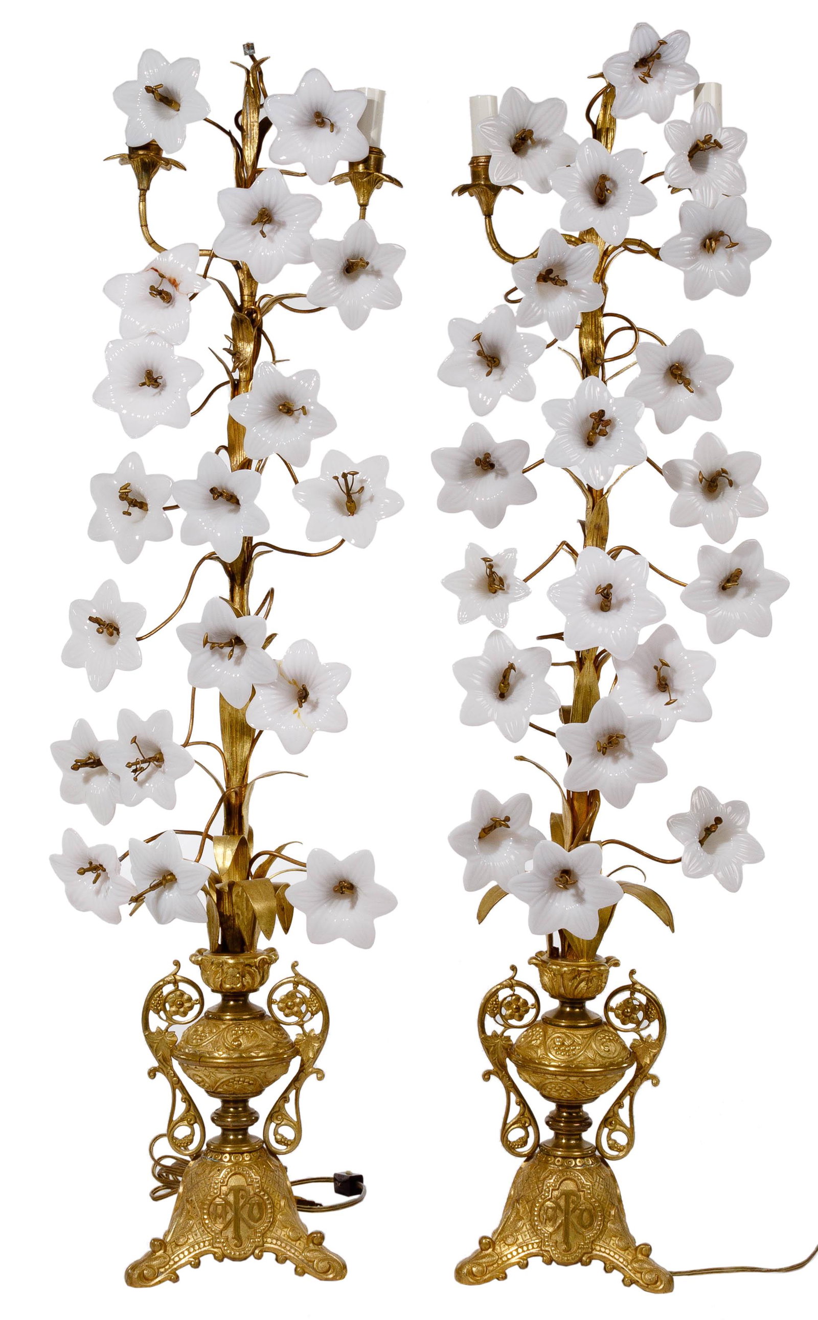French Brass and Glass Altar Candelabras: French Brass and Glass Altar Candelabras Having white glass flower attachments and bearing cartouches having the 'P' over 'X' pax symbol flanked by Greek 'Alpha' and 'Omega' characters cast on all sid
