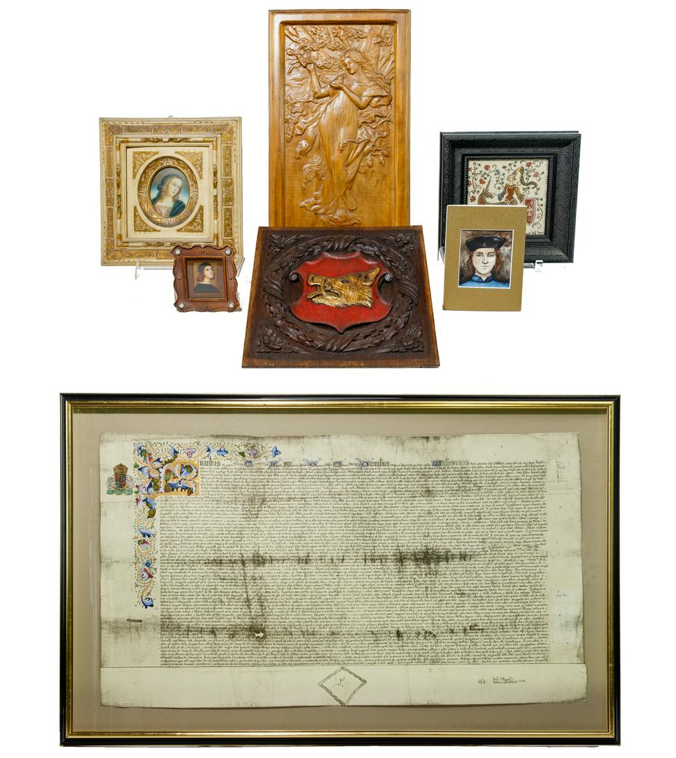 Medieval Themed Decorative Art Assortment: Medieval Themed Decorative Art Assortment (7) items including a framed book page having Latin text presented under glass in a wood frame; (2) hand-painted watercolor portraits of Richard III; a portra
