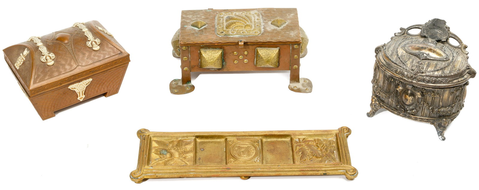 Metal Trinket Box Assortment: Metal Trinket Box Assortment (4) items including Prospect Falls, Niagara Falls casket hinged box, silver tone, silk lined; bronze hinged treasure chest trinket box; copper and brass hinged stamp box; 