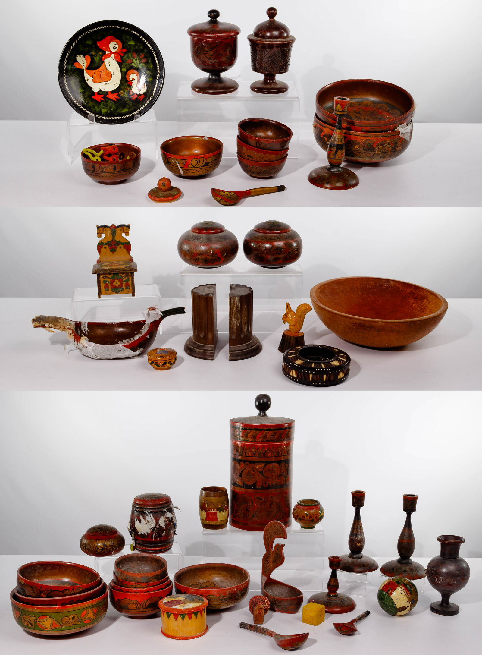 Russian Folk Art Turned Wood Tableware Assortment: Russian Folk Art Turned Wood Tableware Assortment Approximately (40) painted items including examples of bowls, candle sticks, lidded vessels and serving utensils Property from: the Joshua B. Kind Tru