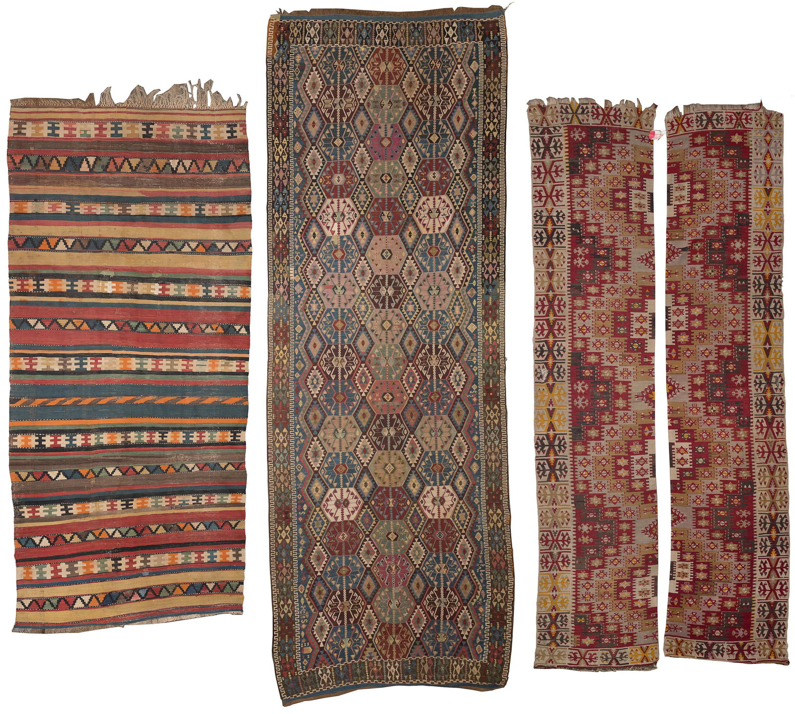 Kilim Wool Rug Assortment: Kilim Wool Rug Assortment (4) handwoven rugs in abstract design including (2) runners and (2) room size; in various colors; each having fringe Length: 166 inches, Width: 65 inches (largest without fri