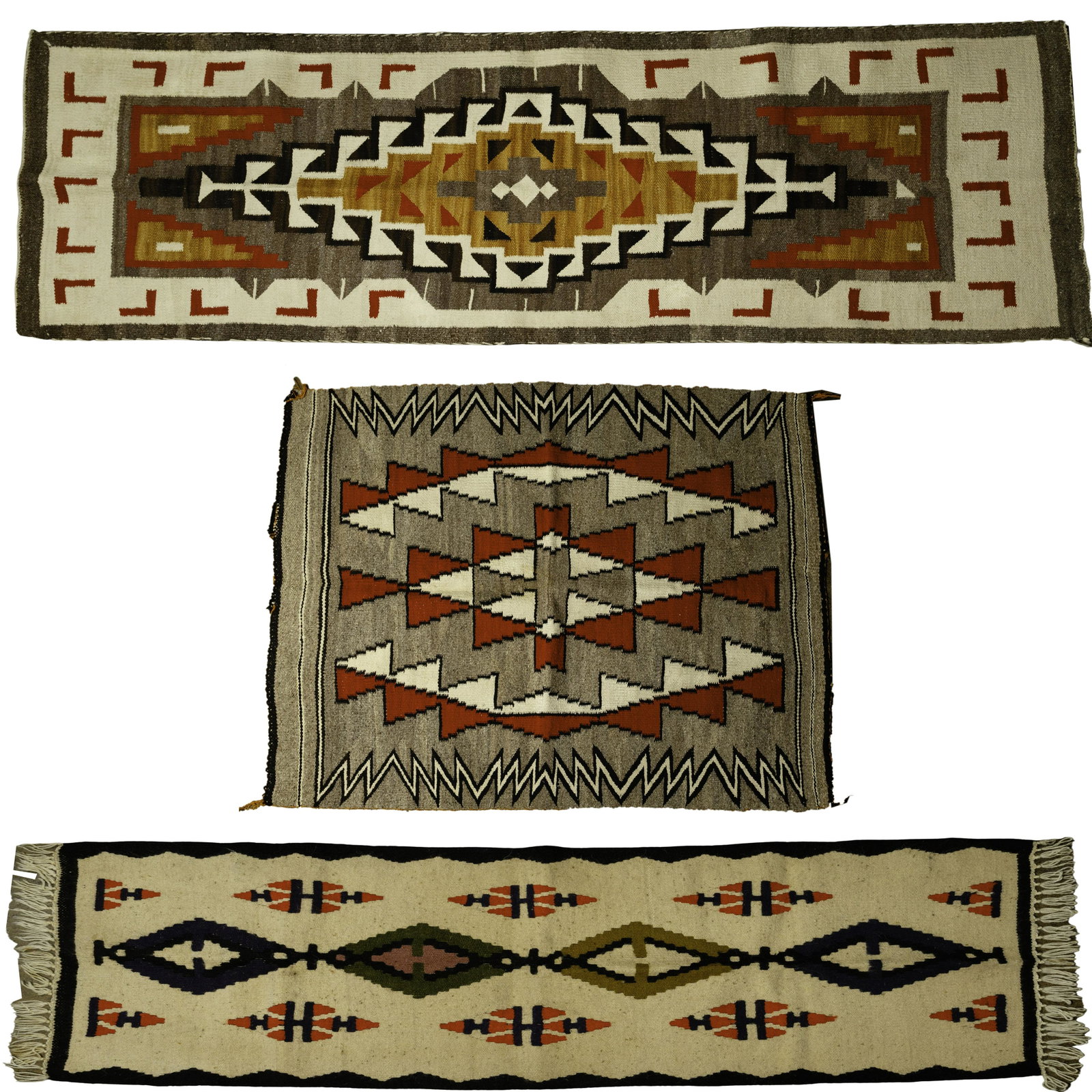 Native American Rug Assortment: Native American Rug Assortment (2) Navajo style rugs having geometric motifs in hues of brown, gold, red, blue, black, professionally cleaned before storage; together with a Mexican cactus fiber mat L