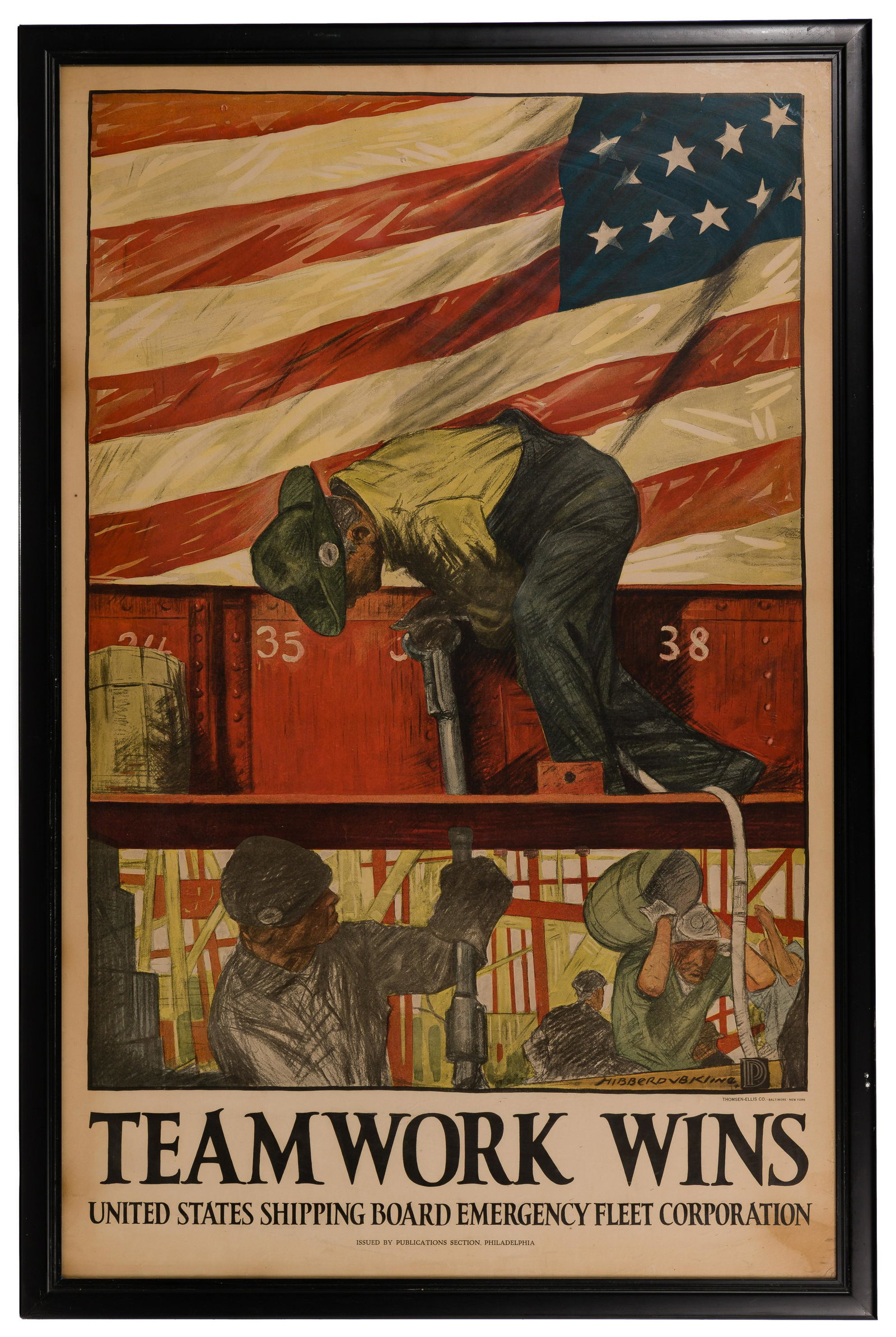 Hibberd Van Buren Kline (American, 1855-1957) 'Teamwork: Hibberd Van Buren Kline (American, 1855-1957) 'Teamwork Wins' Lithograph Poster Created for the United States Shipping Board Emergency Fleet Corporation depicting steel workers and shipyard crew again