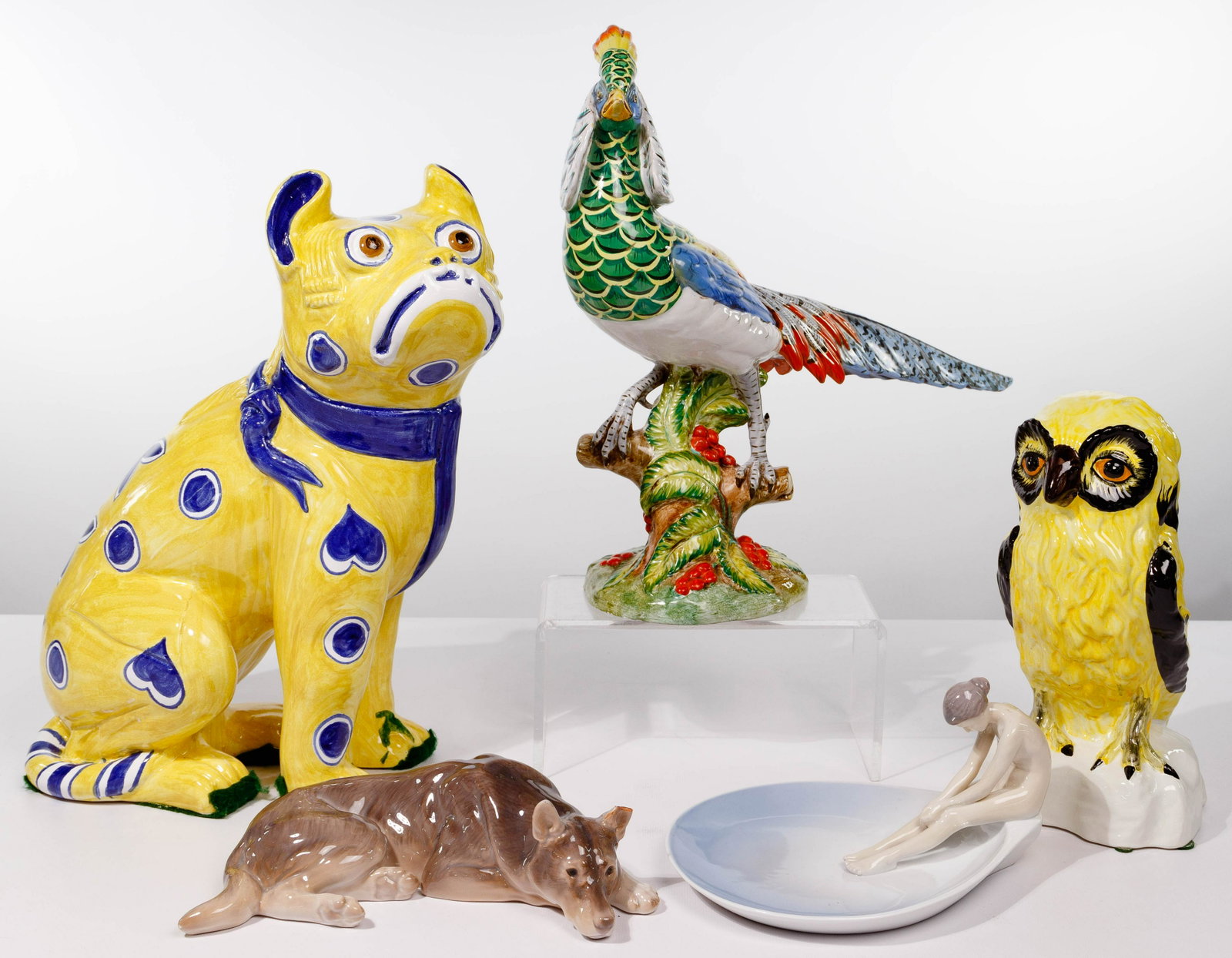 European Porcelain Figurine Assortment: European Porcelain Figurine Assortment 20th century, (5) items including a pheasant having the crossed 'Z' mark of Ugo Zaccagnini and 'Italy' on the underside; an owl marked on underside 'Meiselman, E