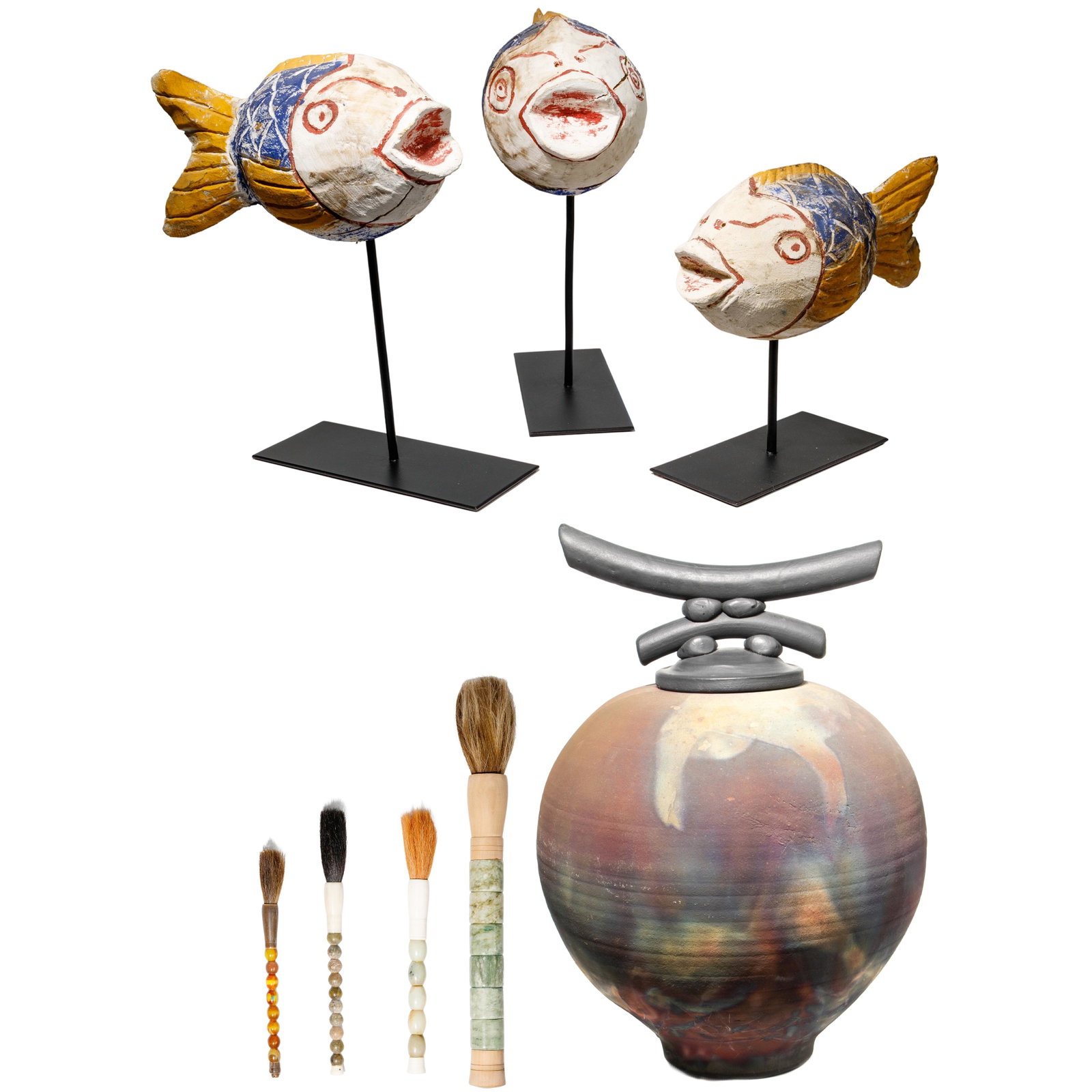 Asian Style Decorative Assortment: Asian Style Decorative Assortment (8) items, 20th century, including a lidded raku flambe jar having an illegible signature; (4) calligraphy brushes having beaded handles with (3) being jadeite jade, 