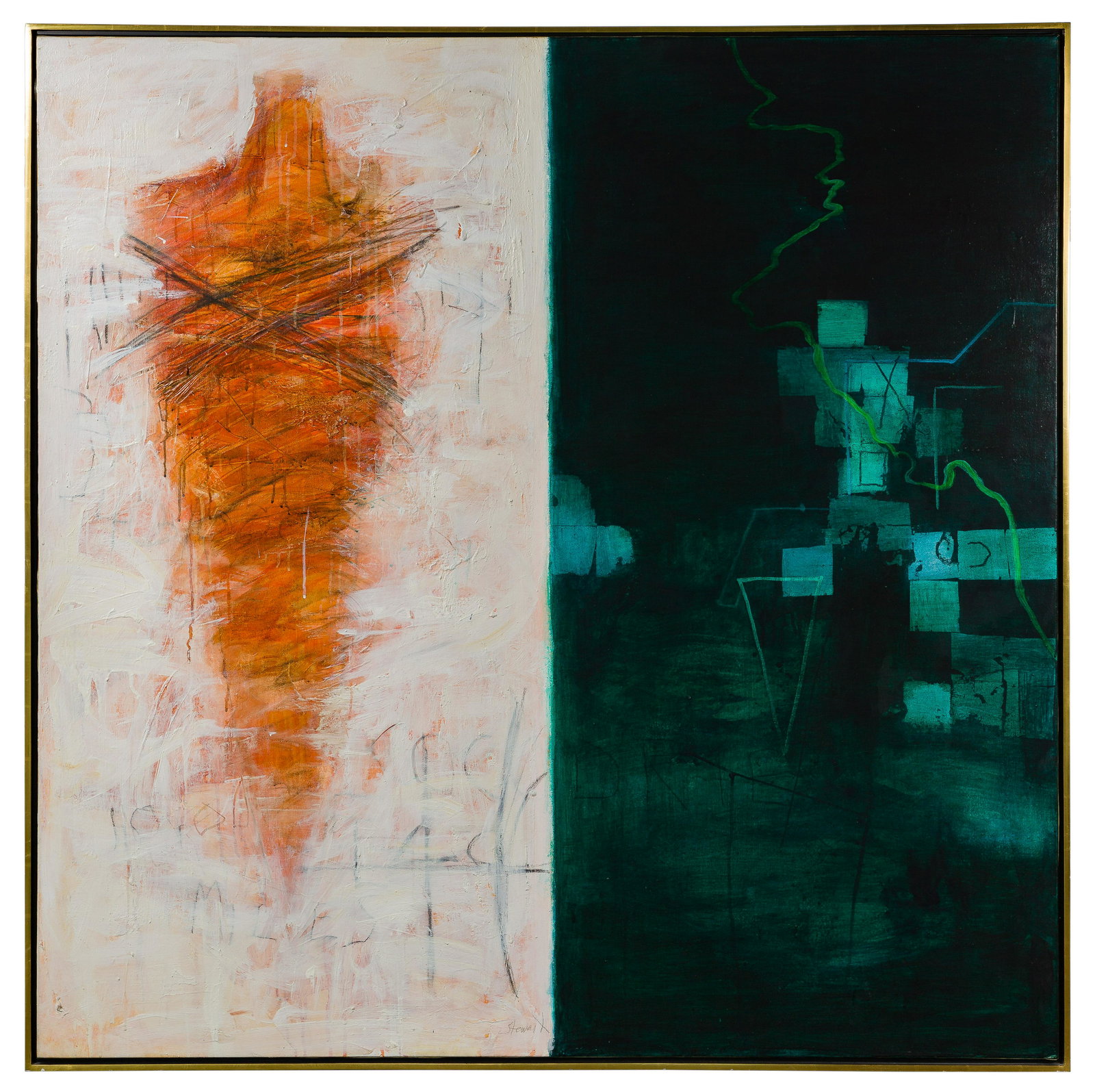 Allison Stewart (American, b.1941) Acrylic on Canvas: Allison Stewart (American, b.1941) Acrylic on Canvas Undated, signed lower center, having a green abstract image on the right side and white abstract image on the left side Property from: a Burr Ridge