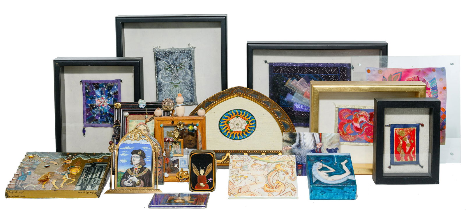 Contemporary Artwork Assortment: Contemporary Artwork Assortment (16) items including assemblage art, mixed media, fabric, collage, glass and tile; some signed and dated Property from: a Chicago (Lincoln Park), Illinois estate Height