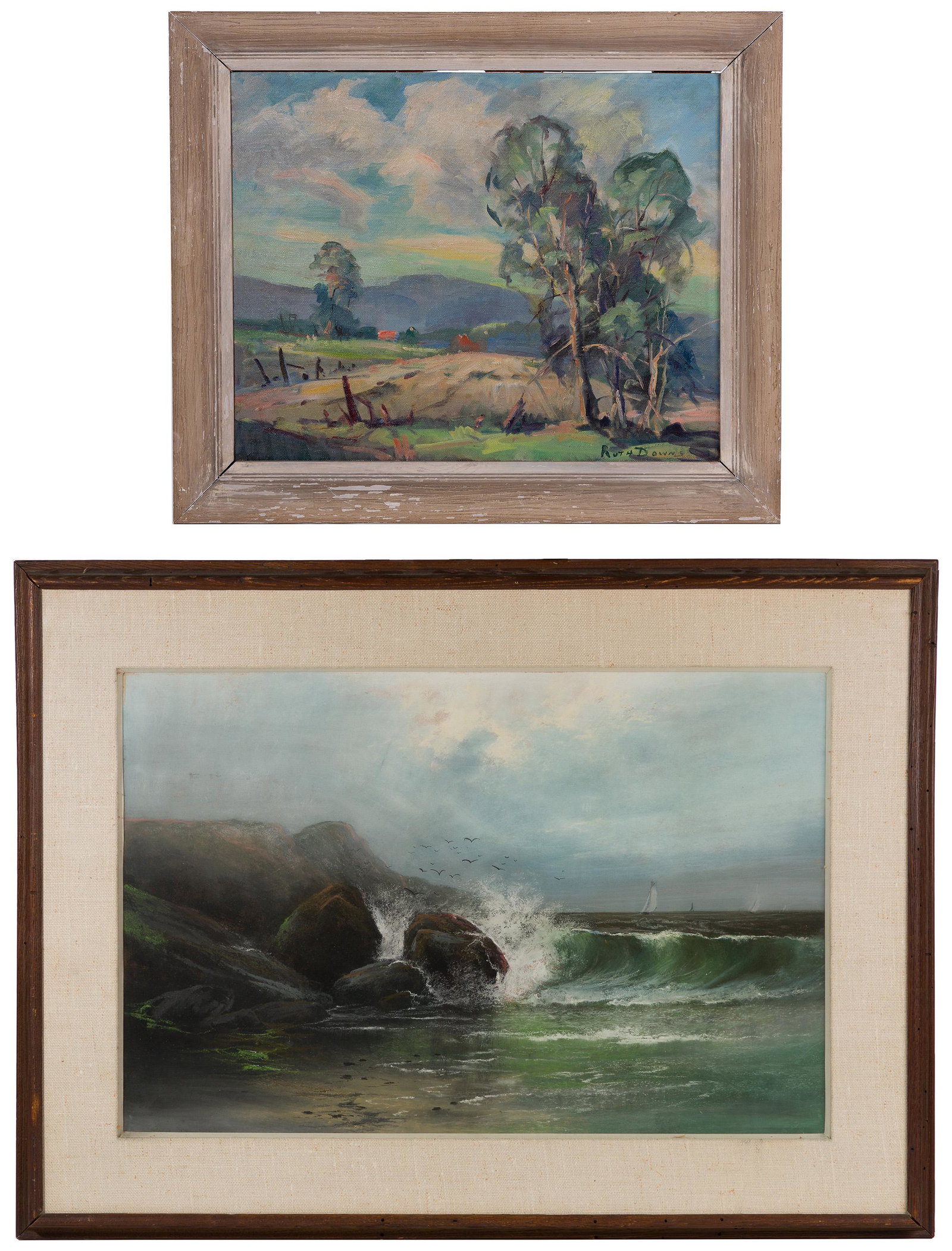 Ruth Downs (American, 20th Century) Oil on Canvas Board: Ruth Downs (American, 20th Century) Oil on Canvas Board Undated, signed lower right, impressionistic depiction of rolling farmland and trees; painted wood frame; together with unknown artist (American