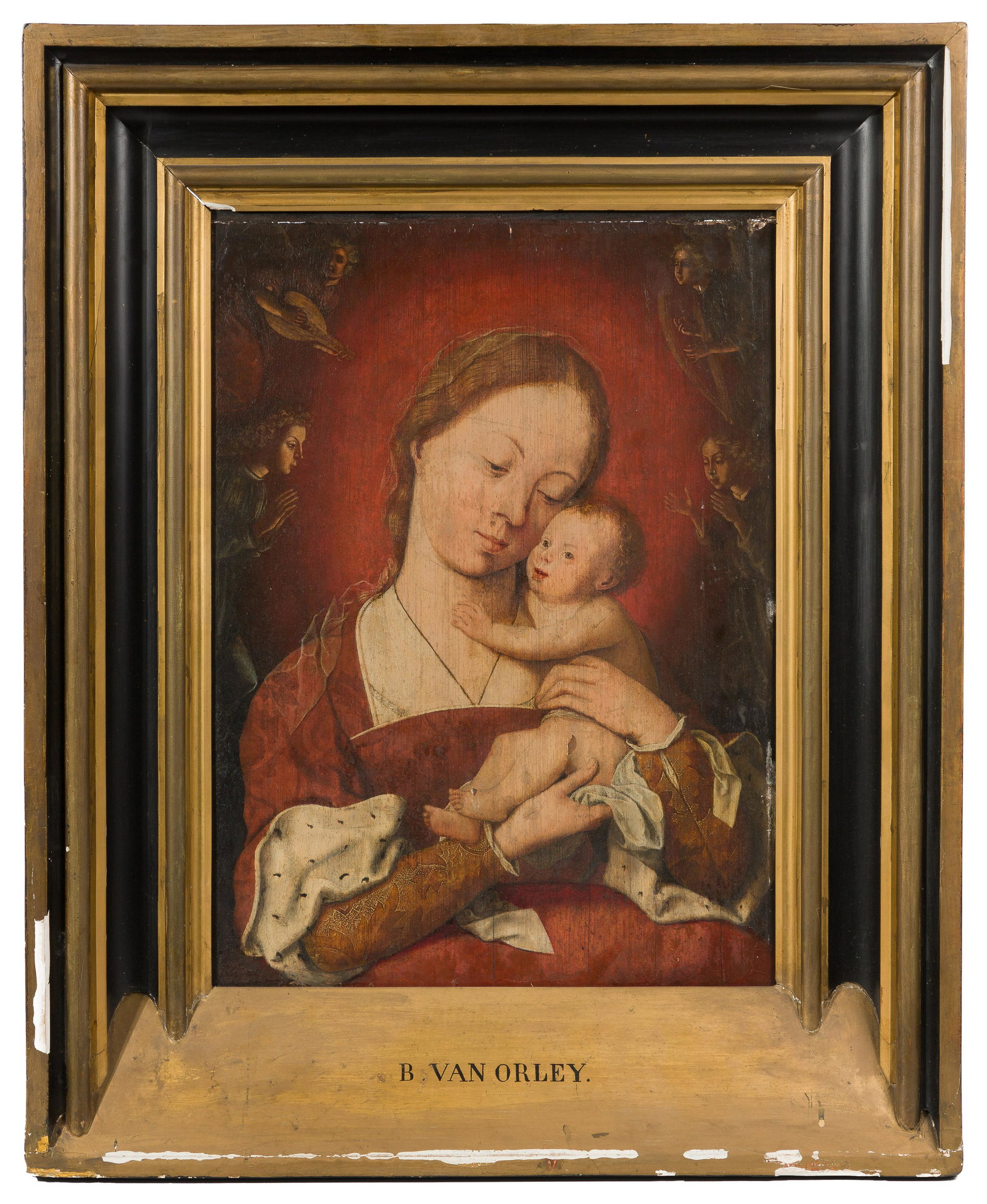 (Manner of) Bernard Van Orley (Flemish / Dutch,: (Manner of) Bernard Van Orley (Flemish / Dutch, 1488-1541) Oil on Board Undated, unsigned, depicting Madonna and child, having four angels in the background around top sides; artist name stamped on lo