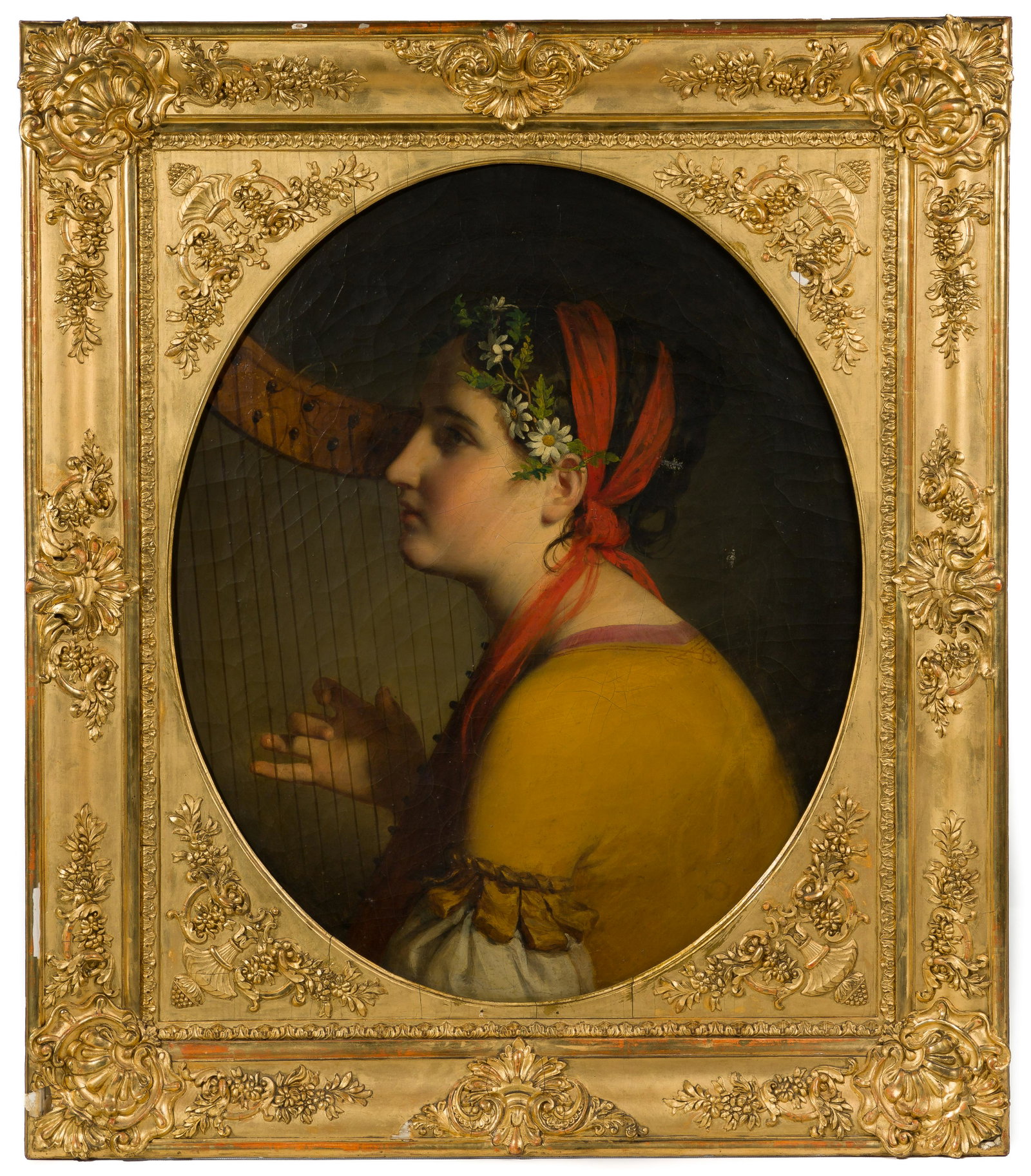 Unknown Artist (European, 19th Century) Oil on Canvas: Unknown Artist (European, 19th Century) Oil on Canvas Undated, unsigned, depicting a woman playing harp, presented in a gilt frame Height: 25 inches, Width: 18 inches (canvas) Frame Size: 32 1/8 inche