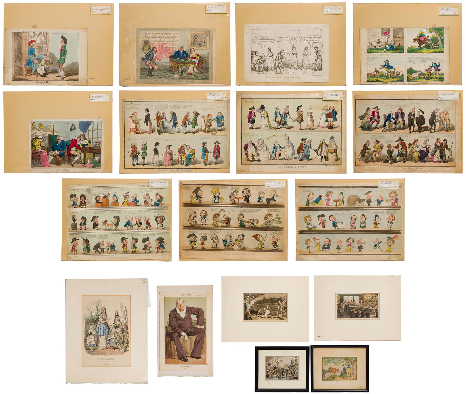 English Caricature Print Assortment: English Caricature Print Assortment (12) items including (6) etchings with watercolor (attributed to) Isaac Cruikshank (Scottish, 1764-1811); (4) etchings with color (attributed to) The Rowlandson Sch