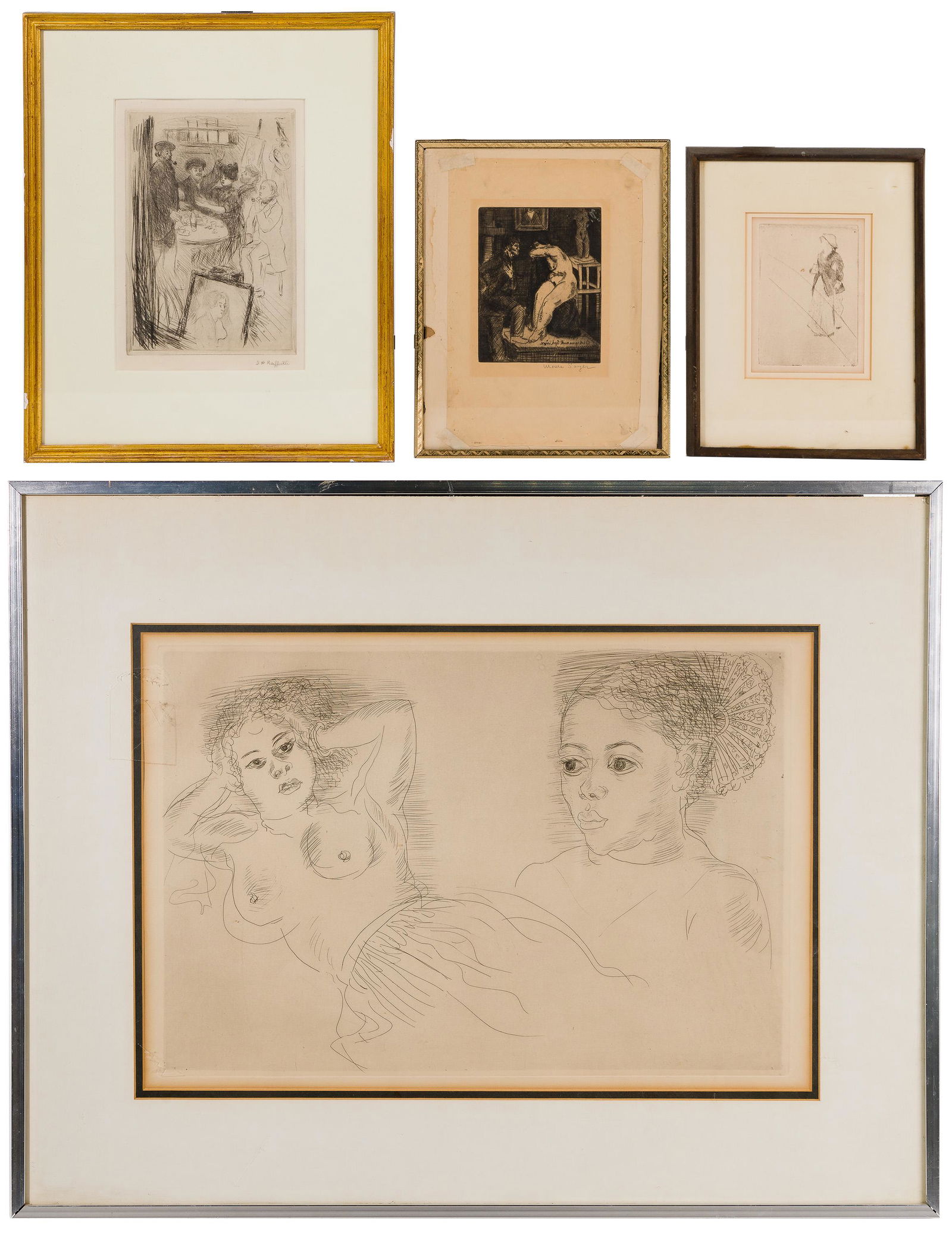 Etching Assortment: Etching Assortment (4) items including Raoul Dufy (French, 1877-1953) depicting two female figures matted and framed under glass, 'Vollard' watermark en verso; Moses Soyer (Russian / American 1899-197