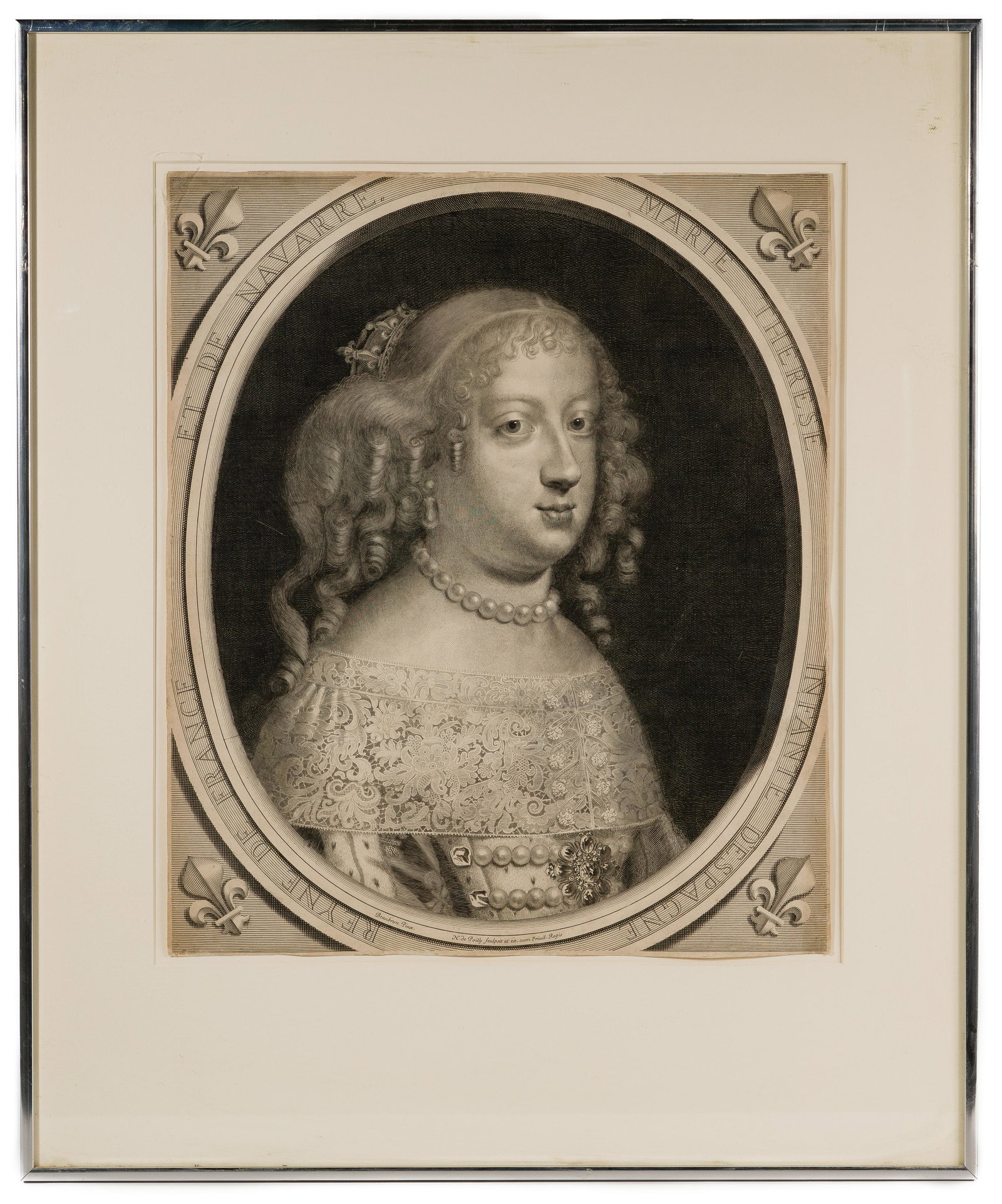 Nicolas de Poilly (French, 1626-1696) Engraving: Nicolas de Poilly (French, 1626-1696) Engraving Undated, printed name lower center, depicting Marie Therese Infante d'Espagne Reyene de France at de Navarre (queen of Louis XIV), matted in a frame und