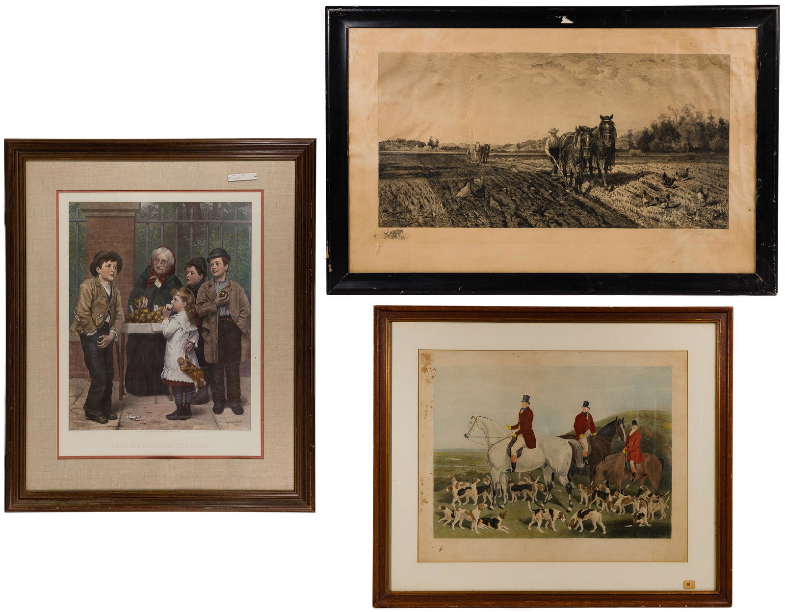 Peter Moran (American / English 1841-1914) 'Ploughing: Peter Moran (American / English 1841-1914) 'Ploughing Stubble' Etching Undated, signed lower right, depicting two men with teams of horses ploughing a field; together with a print of a painting by Ric