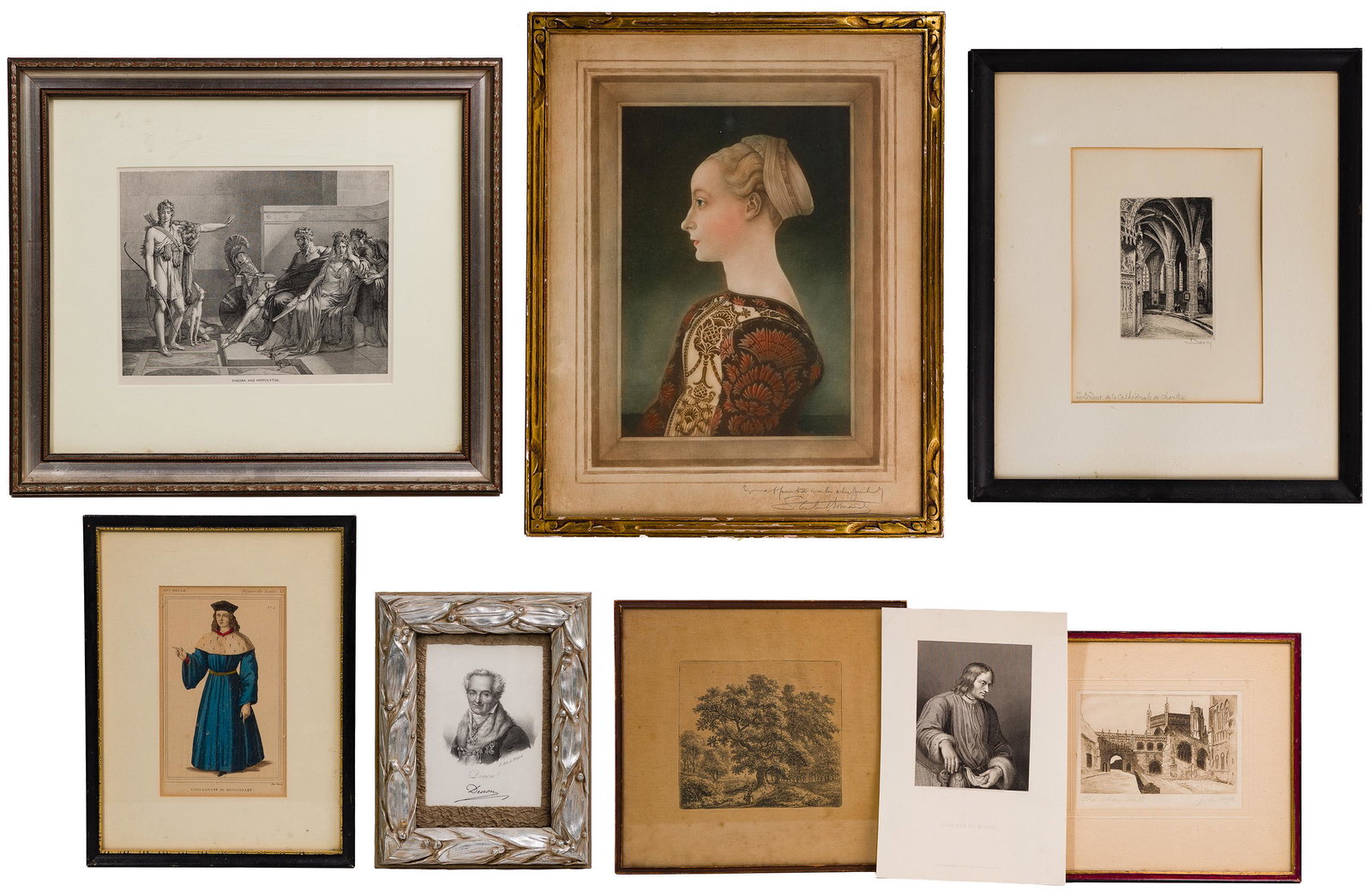Print Assortment: Print Assortment (8) items including a print of 'Adriana' (after) Pierre; a print of 'Cathedral de Chartes' pencil signed lower right by Darcy; a print of Louis the XI ; a portrait signed lower center