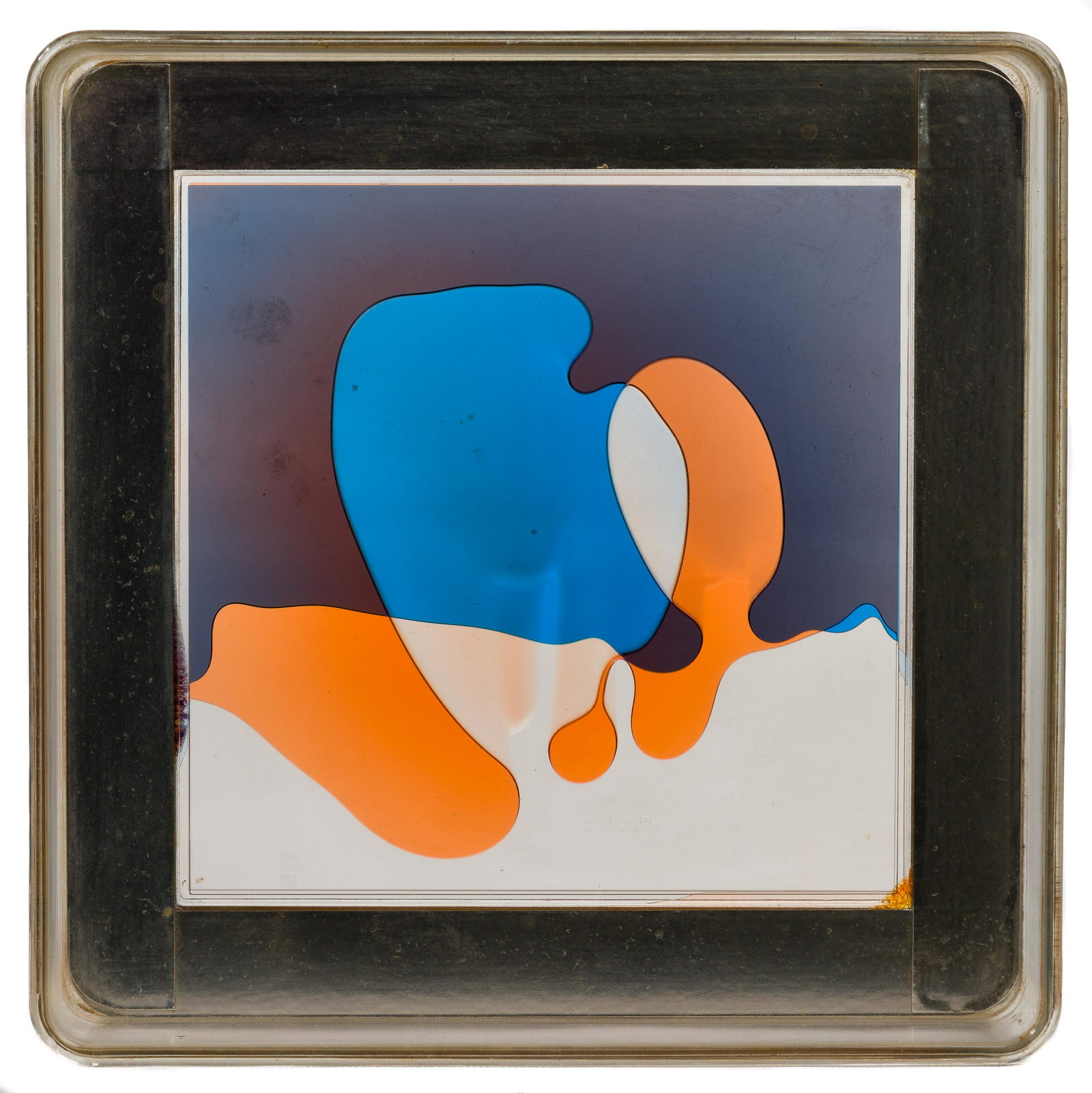 Rachel bas-Cohain (American, 1937-1982) Abstract: Rachel bas-Cohain (American, 1937-1982) Abstract Kinetic Sculpture Undated, signed upper edge, composed of a clear plastic frame holding a window of orange and blue liquids that change shape with the 