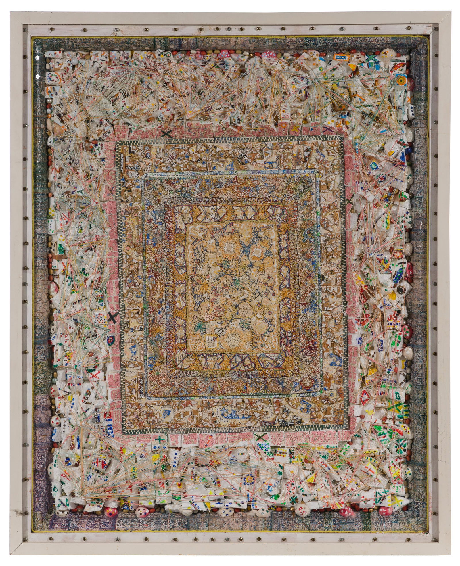 Outsider Art Mixed Media Collage: Outsider Art Mixed Media Collage Undated, unsigned but having the printed and clipped word 'BROADS' upper right, detailed abstract collage on board having numerical keypunch chads and thread on cardbo