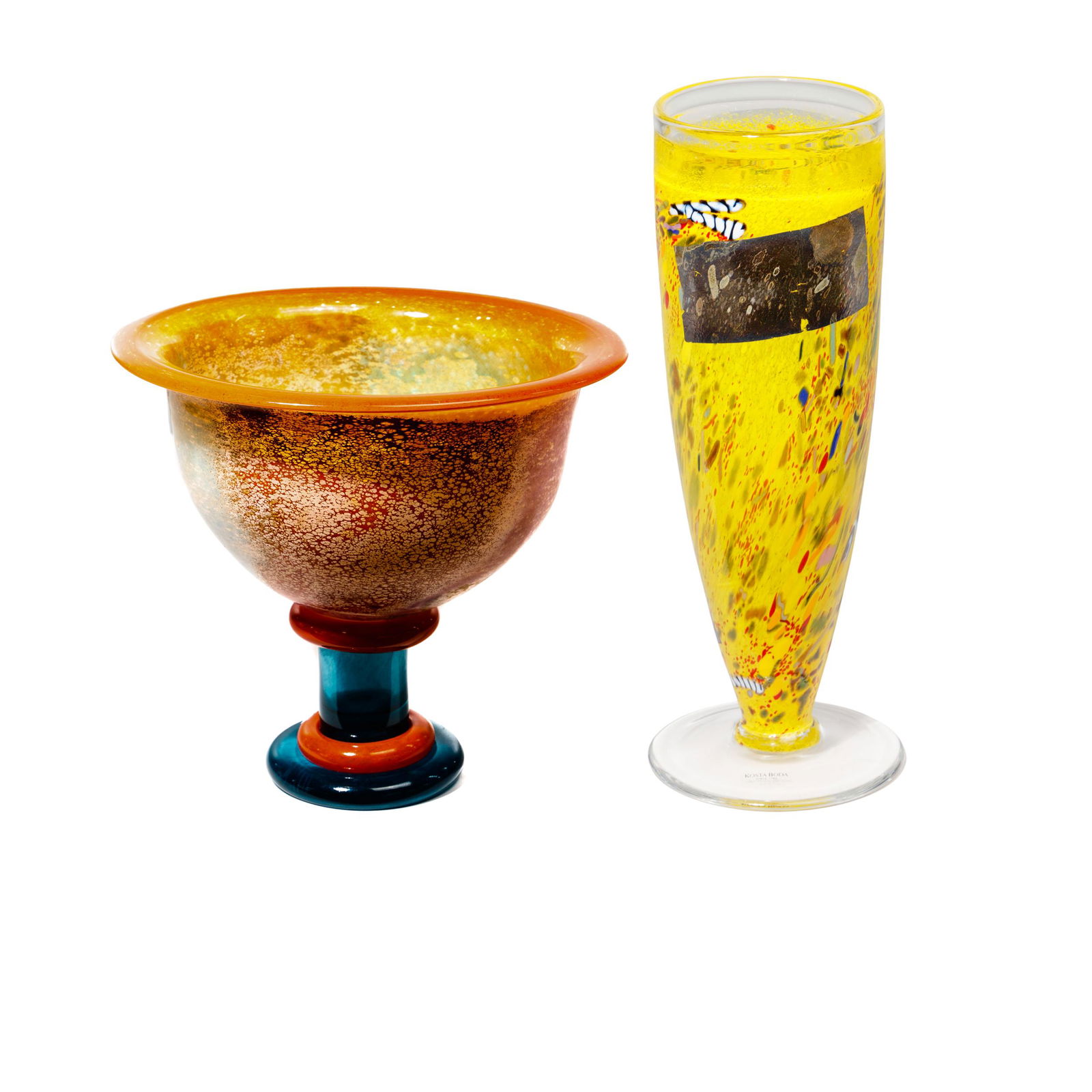 Kosta Boda Artists Edition Art Glass Assortment: Kosta Boda Artists Edition Art Glass Assortment (2) items including an artist edition yellow 'Satellite' vase etched signed 'Bertil Vallien' on underside with original box and receipt; and a multi-col