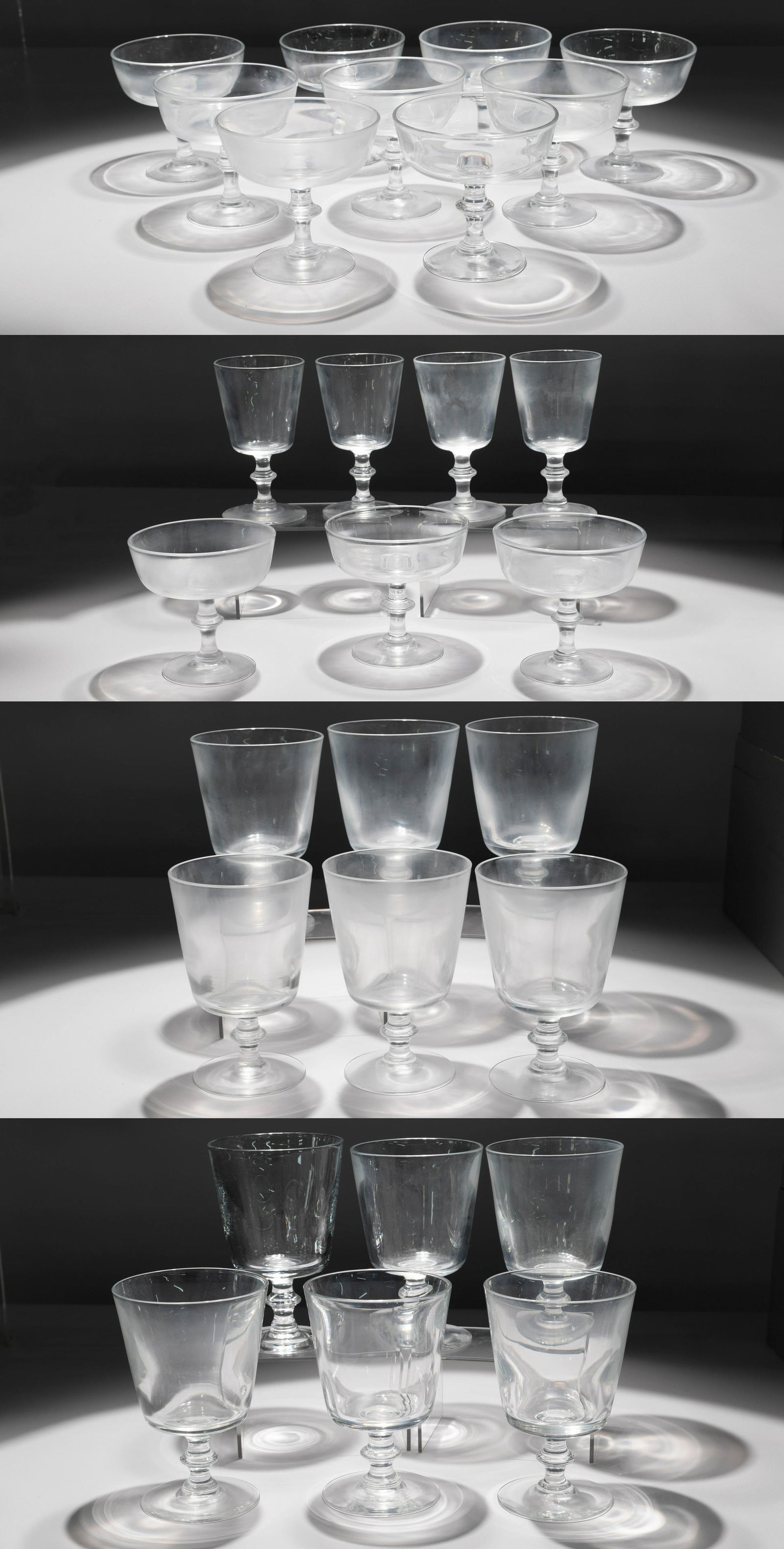 Sidney Waugh for Steuben '7725' Champagne, Water and: Sidney Waugh for Steuben '7725' Champagne, Water and Cordial Glass Assortment 1956, (28) items including (12) champagne coups; (12) water goblets and (4) cordial glasses; glasses having clear, plain l