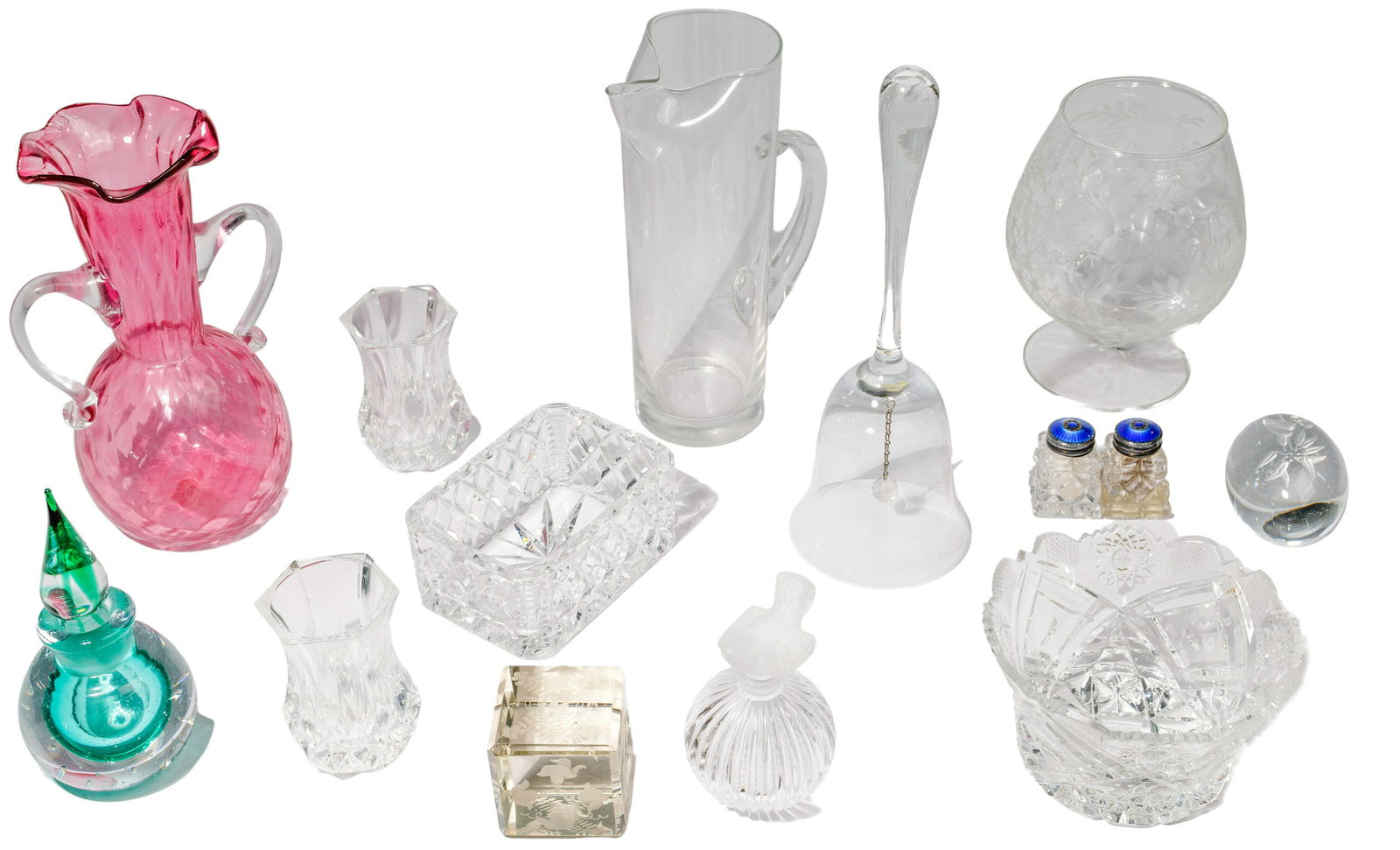 Lalique, Waterford, Orrefors Crystal and Glass: Lalique, Waterford, Orrefors Crystal and Glass Assortment Including a Lalique 'Enfants' covered trinket box, signed on underside; a pair of Waterford 'Lismore' salt and peppers shakers, stamped on und