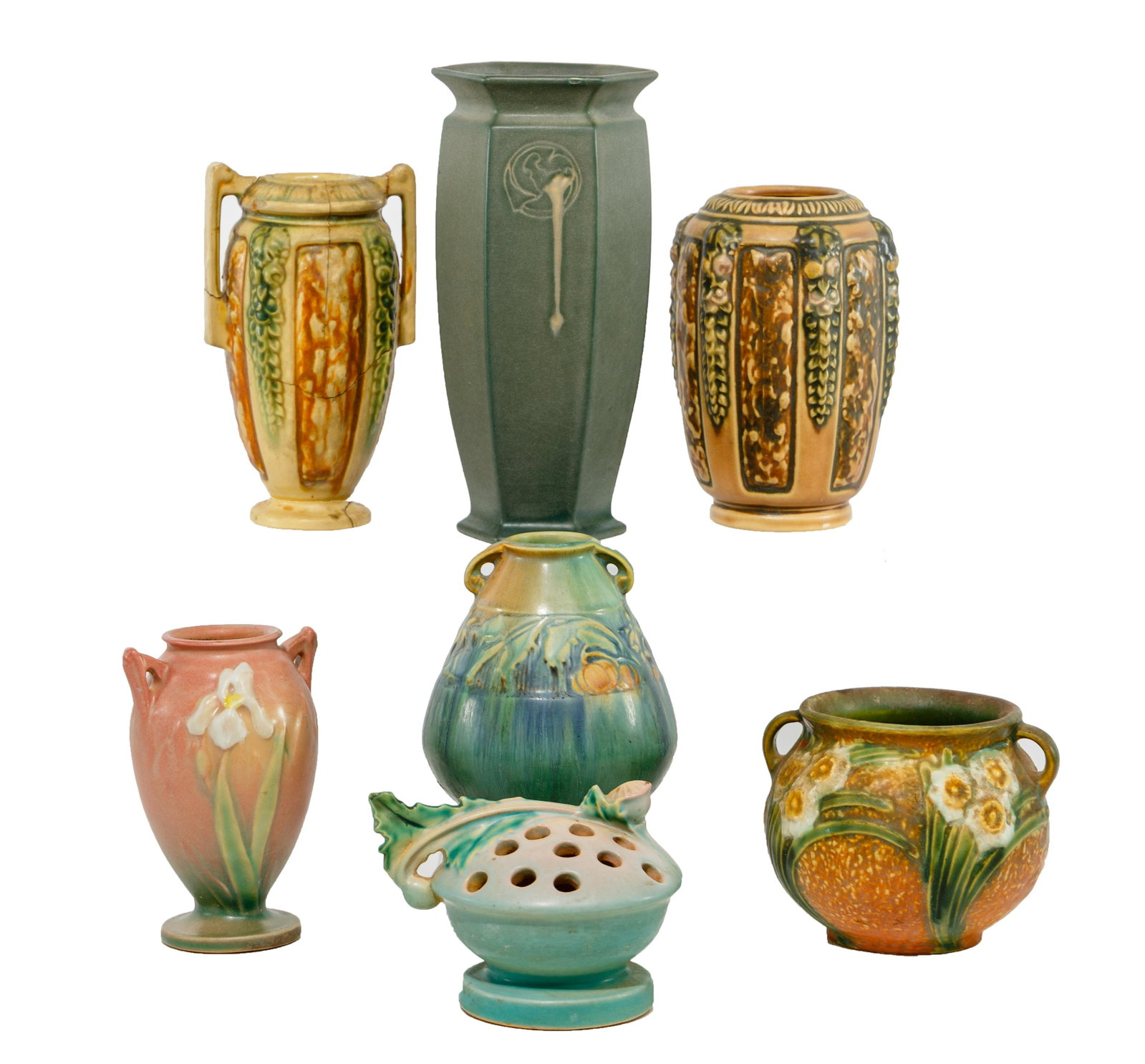 Roseville Pottery Assortment: Roseville Pottery Assortment (7) items including (2) Florentine vases with one having an original foil sticker, the other unmarked; a Baneda vase, unmarked; a Rosecraft matte green vase marked with a 