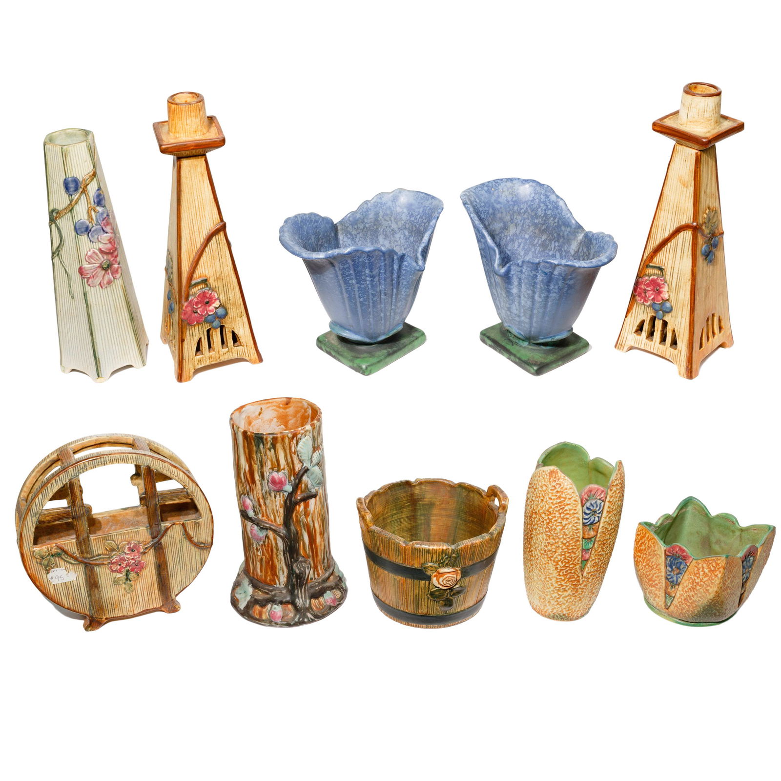 Weller Pottery Assortment: Weller Pottery Assortment (10) items including (2) blue Sydonia planters; 'Warwick' tree-form having matte glaze; wood rose bucket planter; pair of woodcraft candle holders having pink flowers and blu