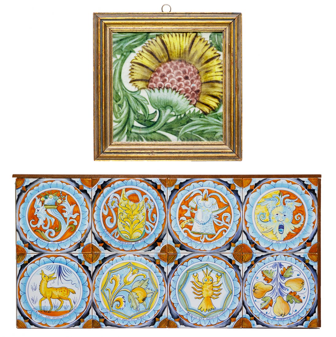 De Morgan Ceramic Tile Assortment: De Morgan Ceramic Tile Assortment c.1875 De Morgan Tileworks Chelsea period glazed terracotta tile depicting a purple and yellow thistle surrounded by greenery and having maker stamp en verso, in a wo