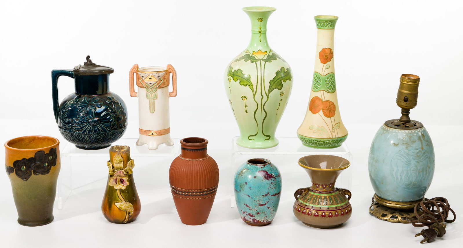 European Pottery Assortment: European Pottery Assortment (10) items including examples of vases, lamp, tea pot; from Royal Dux, JBI, Adderley; most signed Property from: the Joshua B. Kind Trust. Joshua B. Kind was a Professor of
