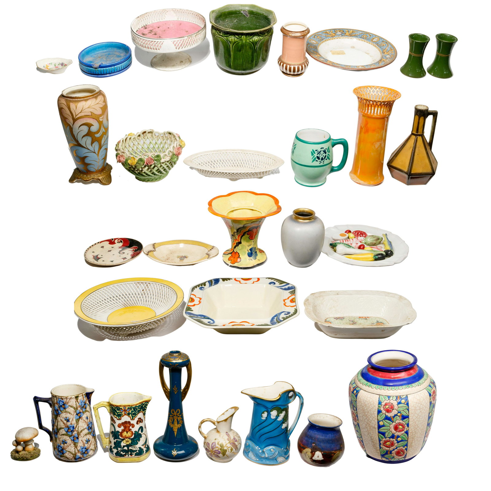 European Pottery Assortment: European Pottery Assortment Approximately (26) items including plates, vases, bowls, candlesticks and pitchers; some having stamps from Czechoslovakia, Germany and France Property from: the Joshua B. 