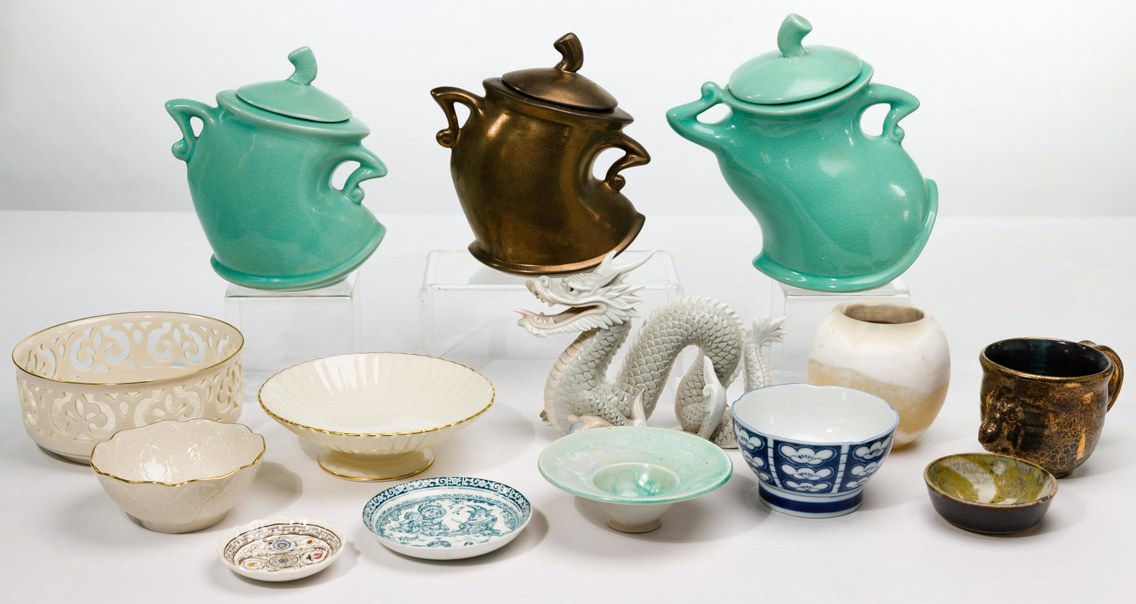 Pottery Assortment: Pottery Assortment (13) items including (3) Michael Lambert 'Dancing' lidded canisters signed on underside, (3) Lenox bowls; (3) hand-crafted items including a mug, small dish and low bowl; (2) plates