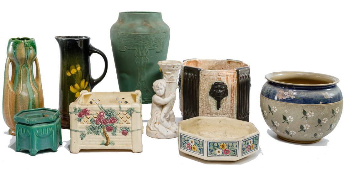 Weller, Van Briggle and Langley Pottery Assortment: Weller, Van Briggle and Langley Pottery Assortment (8) items including a signed Weller 'Roma Rose' pierced square planter; signed Van Briggle vase having a young boy holding a cornucopia; signed Belgi