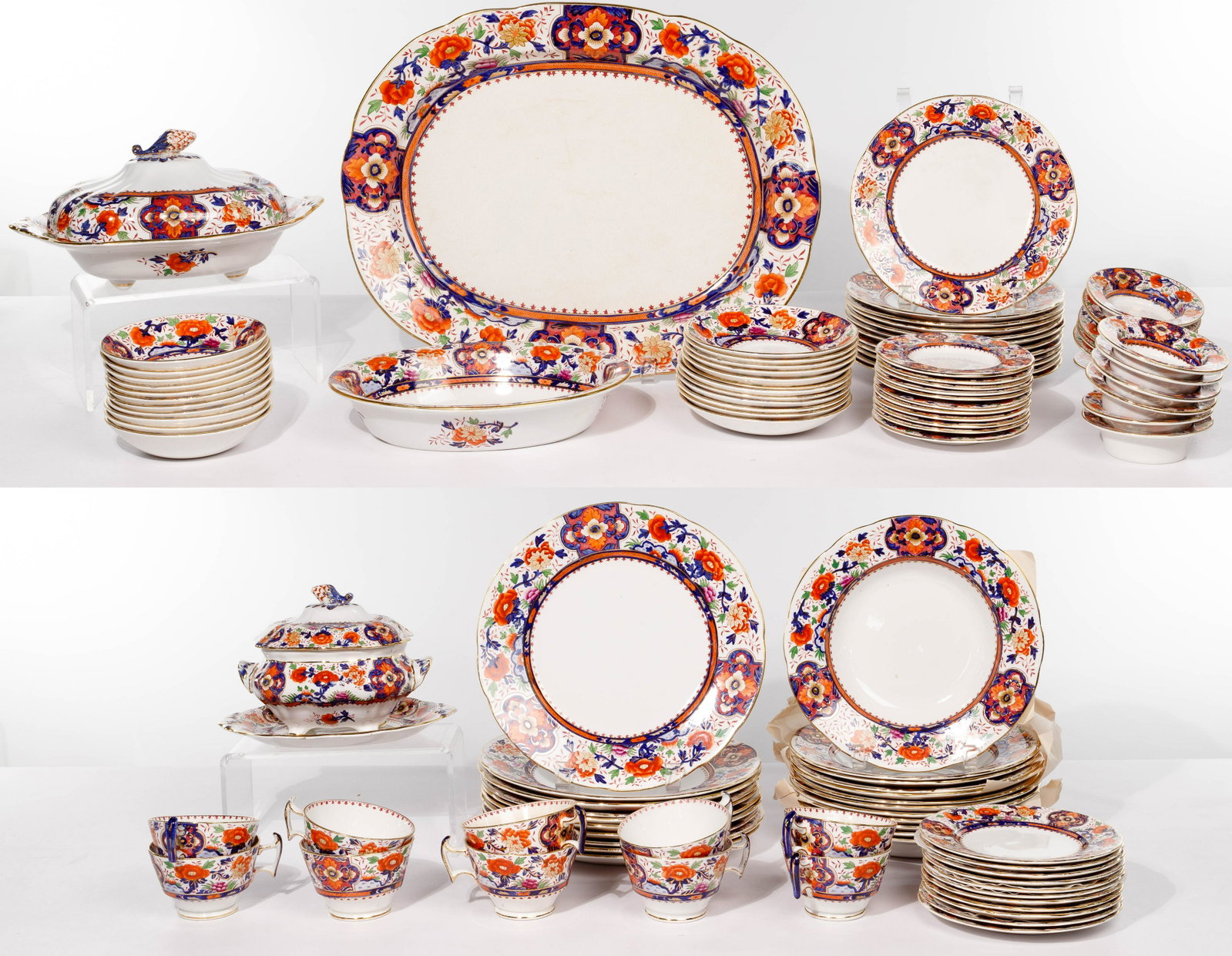 Booths 'Imari' Silicon China Assortment: Booths 'Imari' Silicon China Assortment (104) hand-painted pieces including (10) dinner plates, (12) salad plates, (12) rimmed soup bowls, (11) bread and butter plates, (11) fruit / dessert bowls, (12