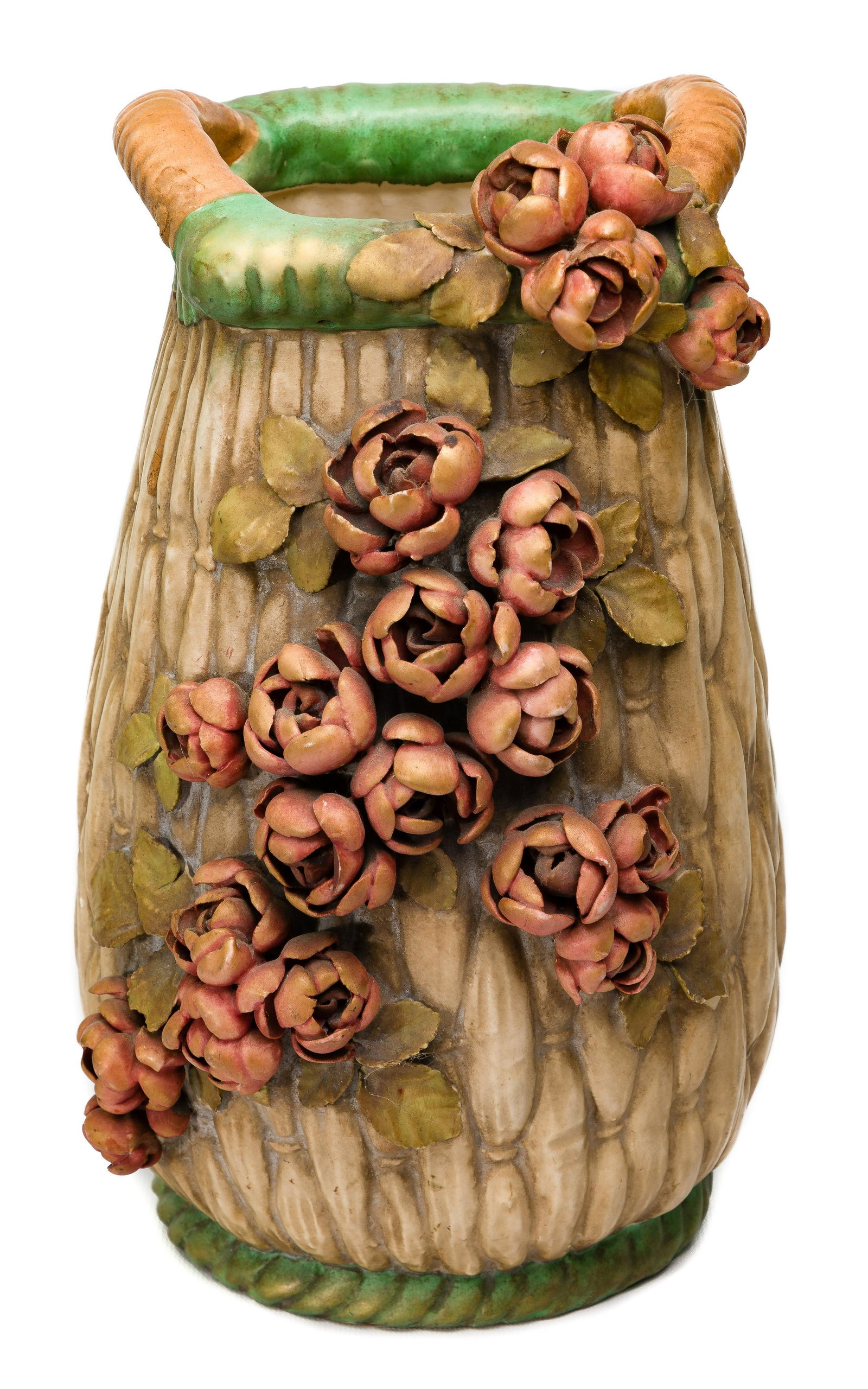 Amphora Floral Vase: Amphora Floral Vase Painted roses with gold highlights on basket weave pattern porcelain, handles to top; stamped 'Amphora', #11590 and #58 impressed on underside Property from: the Joshua B. Kind Tru
