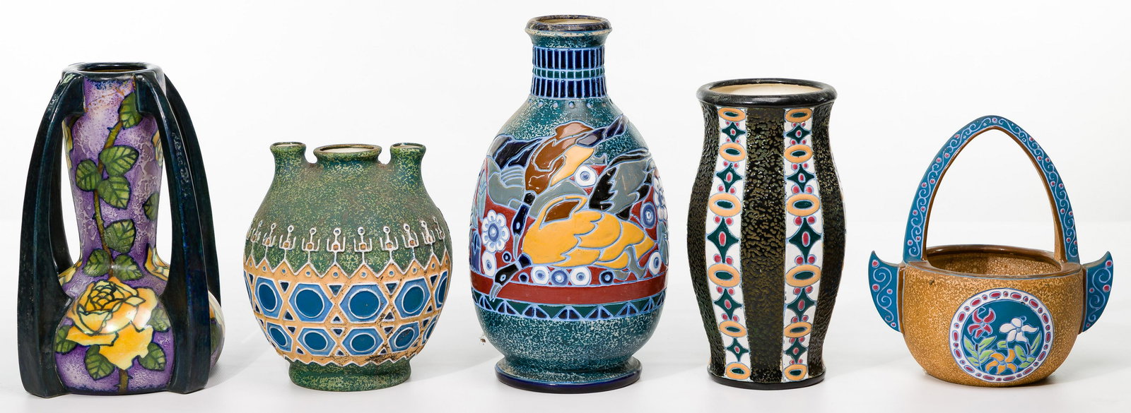 Czechoslovakian Amphora Pottery Assortment: Czechoslovakian Amphora Pottery Assortment (5) items including an Imperial vase having a floral and bird design; a basket planter having a circular floral design on front and matte finish; a round vas