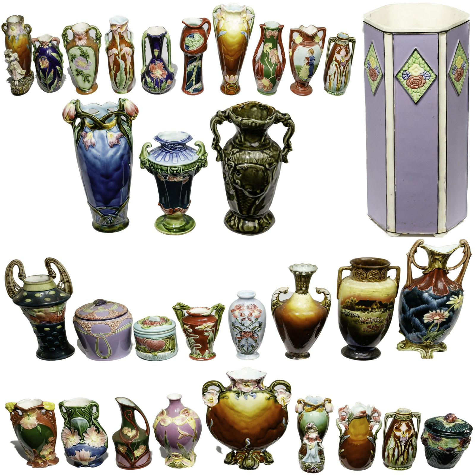 Czechoslovakian Pottery Assortment: Czechoslovakian Pottery Assortment Approximately (30) items including vases and lidded jars having floral and figural motif; some having maker mark Property from: the Joshua B. Kind Trust. Joshua B. K