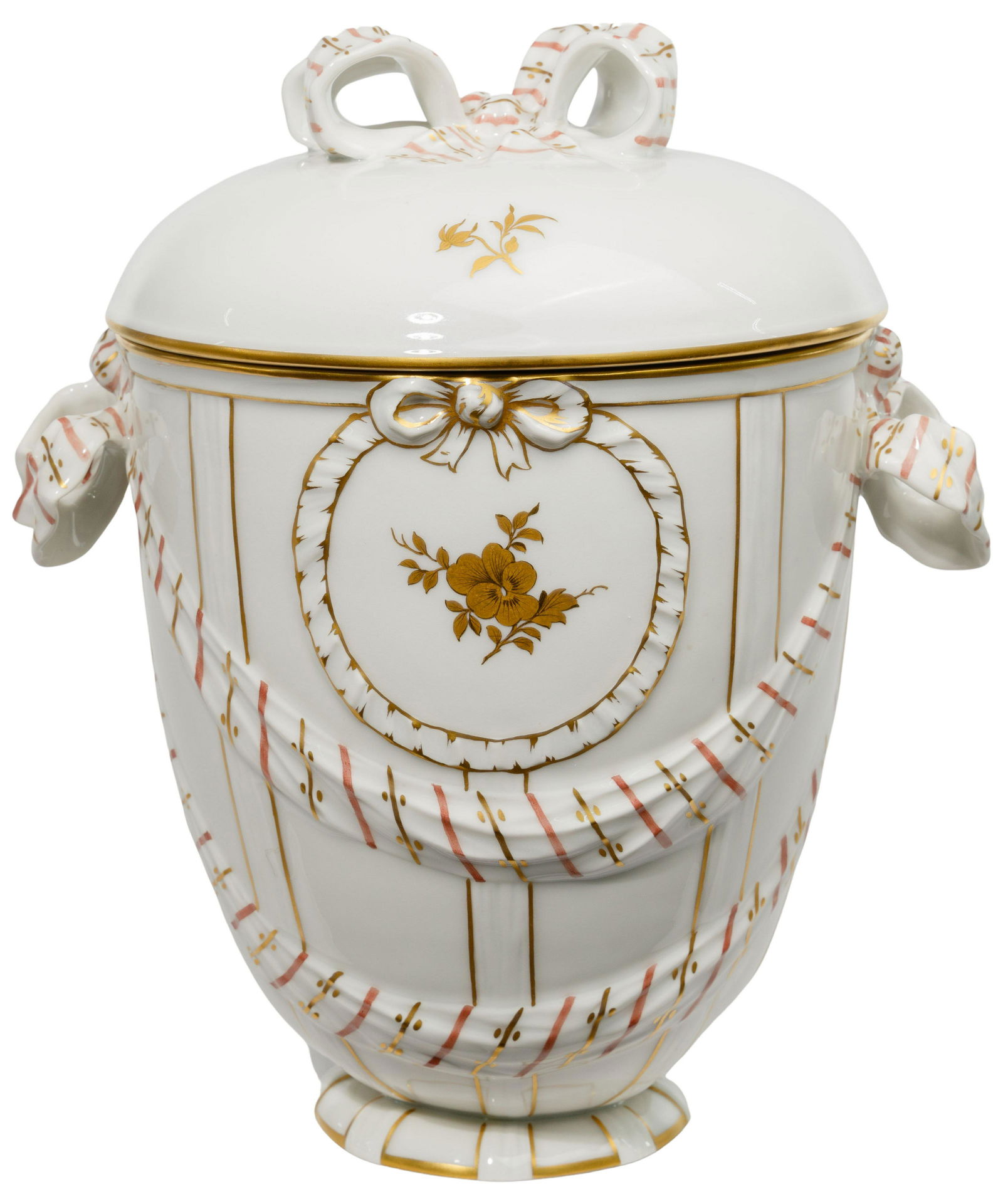 KPM Porcelain Covered Jar: KPM Porcelain Covered Jar Lidded, footed and tapered form having a white glazed ground, gilt floral and linear decoration over applied ribbon-form handles, finial and relief decoration; marked on unde