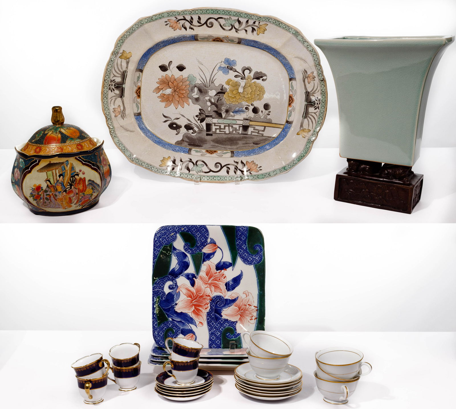 English Stoneware Platter with Asian Item Assortment: English Stoneware Platter with Asian Item Assortment (29) items including a 'Fenton Stone Works' platter having an Asian floral motif; 'Maitland-Smith Ltd.' celadon style vase having a cast metal pede