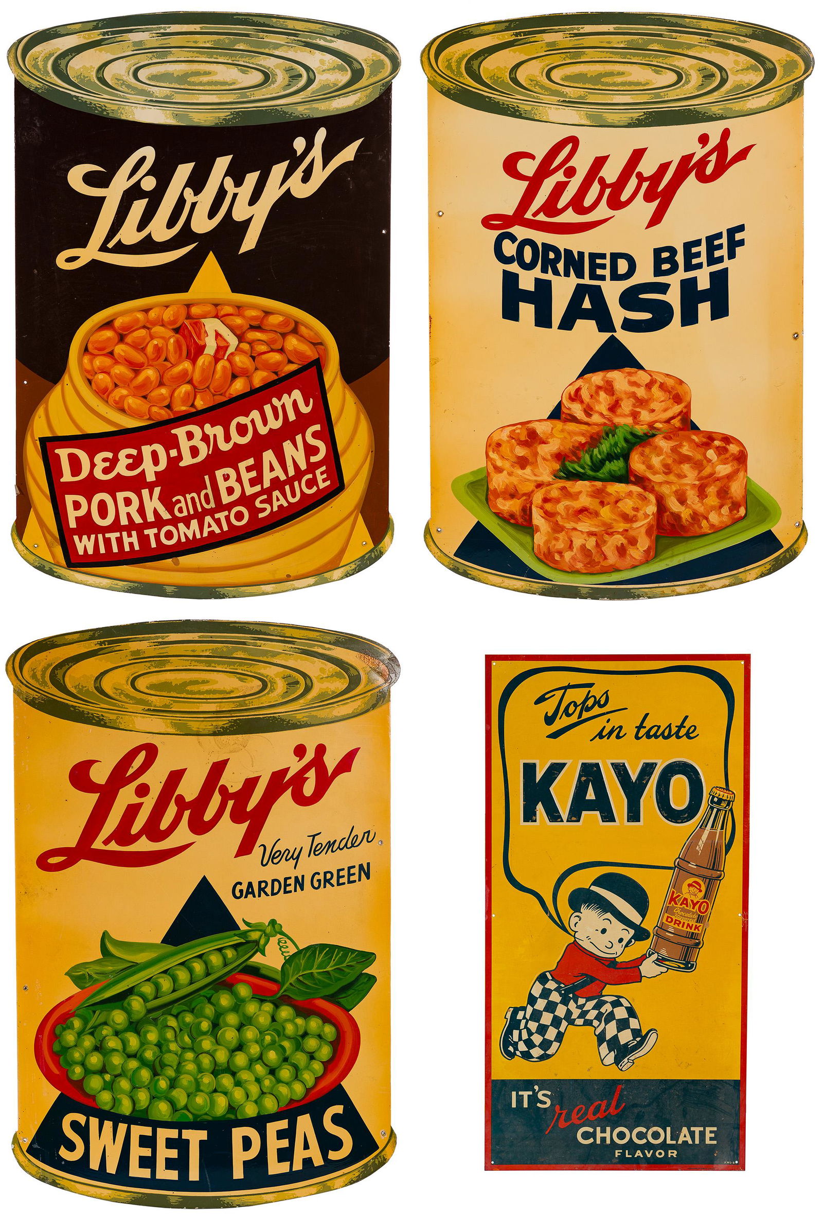 Advertising Signage Assortment: Advertising Signage Assortment (4) items including (3) painted Masonite can-shaped signs depicting 'Libby's Sweet Peas', 'Libby's Corned Beef Hash' and 'Libby's Deep Brown Pork and Beans with Tomato S