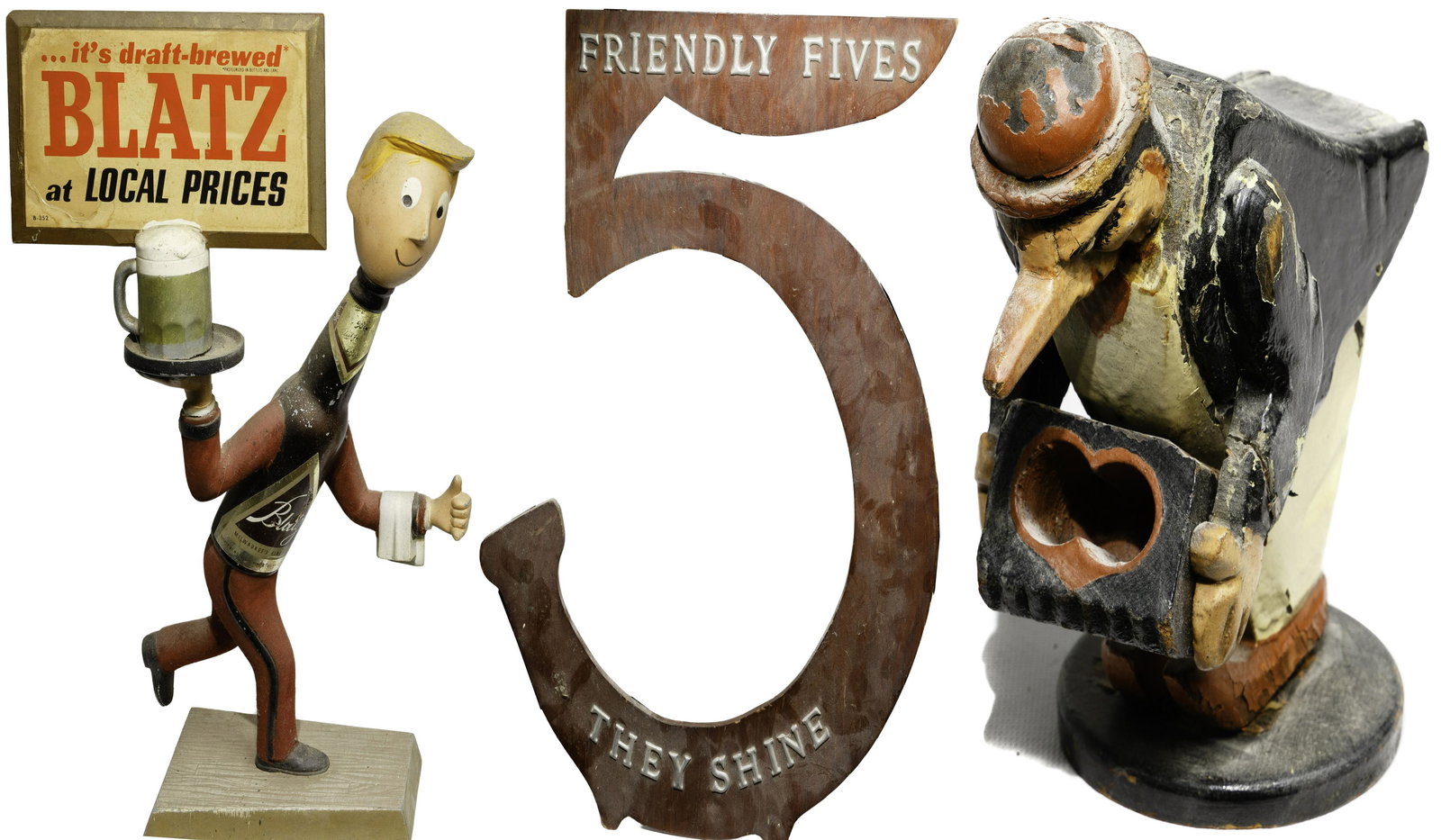 Breweriana Objects: Breweriana Objects (3) items including c.1950 cast metal Blatz Beer waiter having a bottle shaped body and mounted on a wood plinth; a carved wood figural match holder; and handmade wall art depicting
