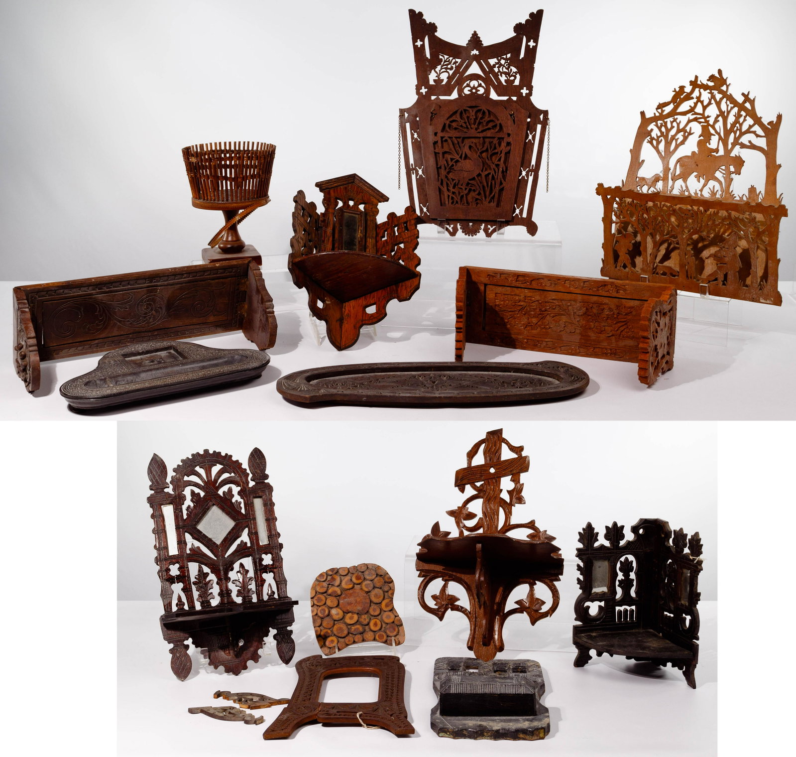 Carved Wood Shelf Assortment: Carved Wood Shelf Assortment (14) items including (5) wall shelves, some having mirrors; (2) sliding book holders; (2) wall letter holders; Scandinavian frame and wall plaque; desk tray; pedestal plan