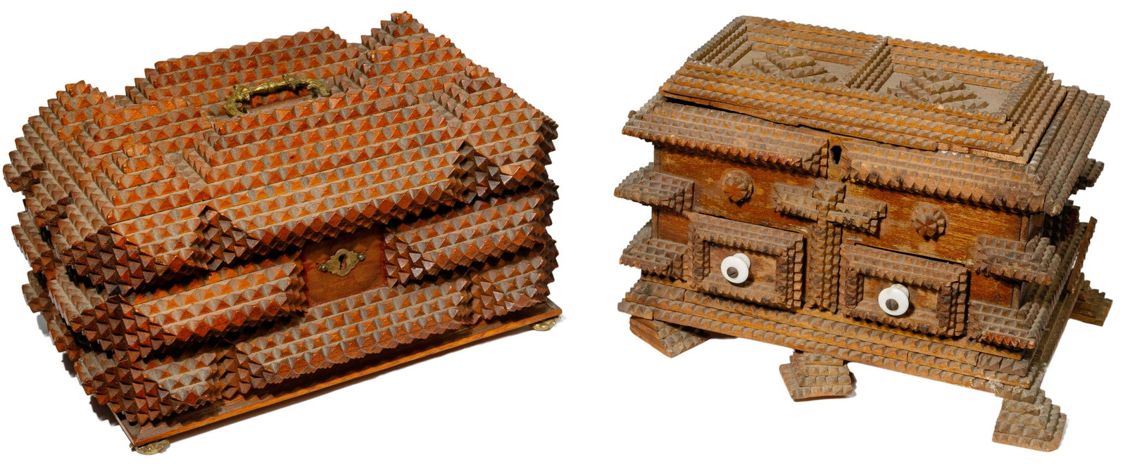 Tramp Art Box Assortment: Tramp Art Box Assortment (4) examples, assembled using notched-edge boards stacked pyramid style, including sewing box having hinged lid opening to reveal inner till and pin-cushion, having drawer, br