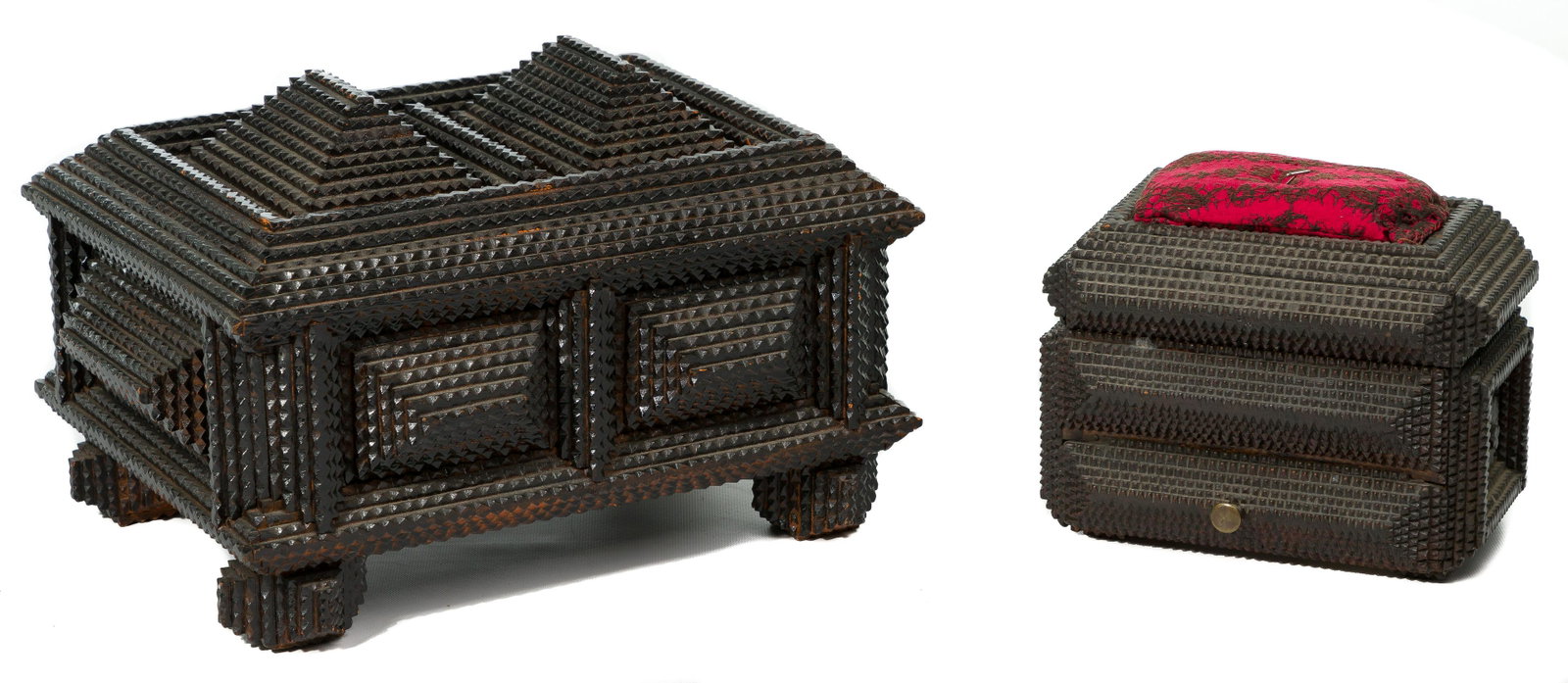 Tramp Art Boxes: Tramp Art Boxes (2) items including a sewing box with pin cushion top stamped on underside; and a pyramid style box having a secret locked drawer Property from: the Joshua B. Kind Trust. Joshua B. Kin