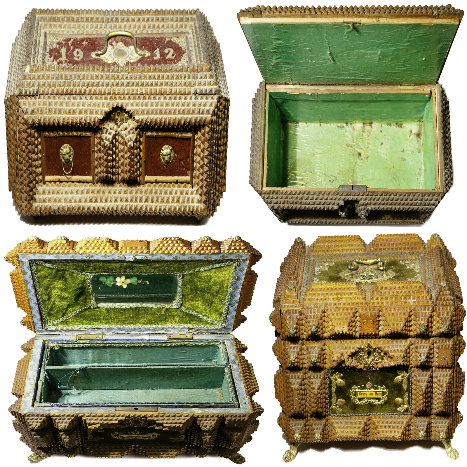 Tramp Art Boxes: Tramp Art Boxes (2) German-made chip carved boxes having velvet top and side panels, bail handles on hinged lids, metal mounts and locks, including dated '1912' on lid having brass lion masks and ball