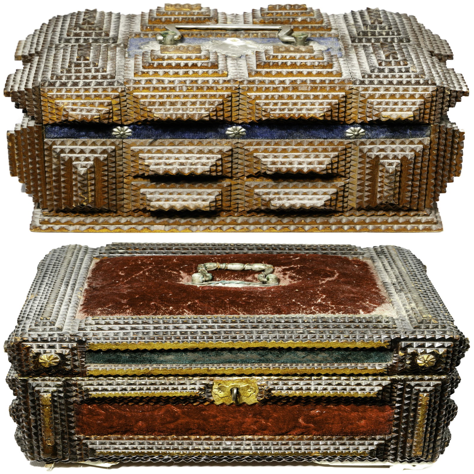 Tramp Art Boxes: Tramp Art Boxes (2) items including a carved box having burgundy and green velvet panels, hinged lid, a brass handle and a metal lock and key, inner wood sections, satin lined lid; smaller carved box 