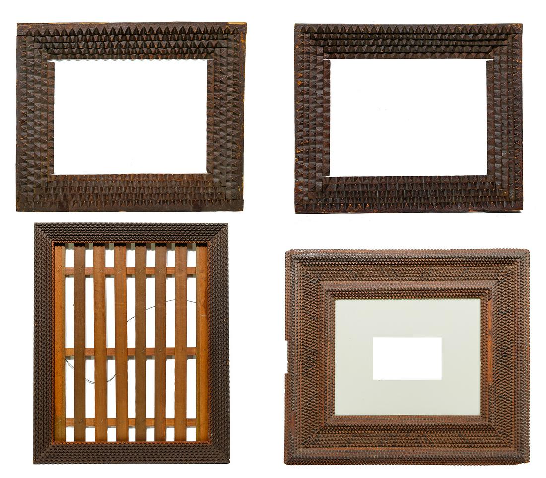 Tramp Art Frame Assortment: Tramp Art Frame Assortment (4) examples of primitive reverse pyramid style in various sizes, assembled using stacked wood boards having chip carved edges Property from: the Joshua B. Kind Trust. Joshu