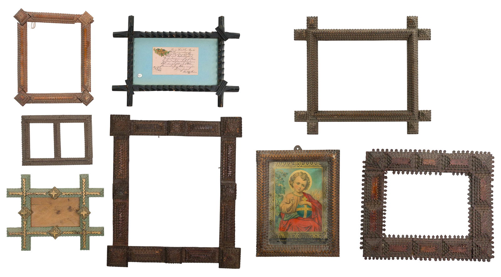 Tramp Art Frame Assortment: Tramp Art Frame Assortment (8) items including (6) examples of unpainted notched wood, the smallest of which being a double frame, another containing a religious chromolithograph, a blue and gold pain