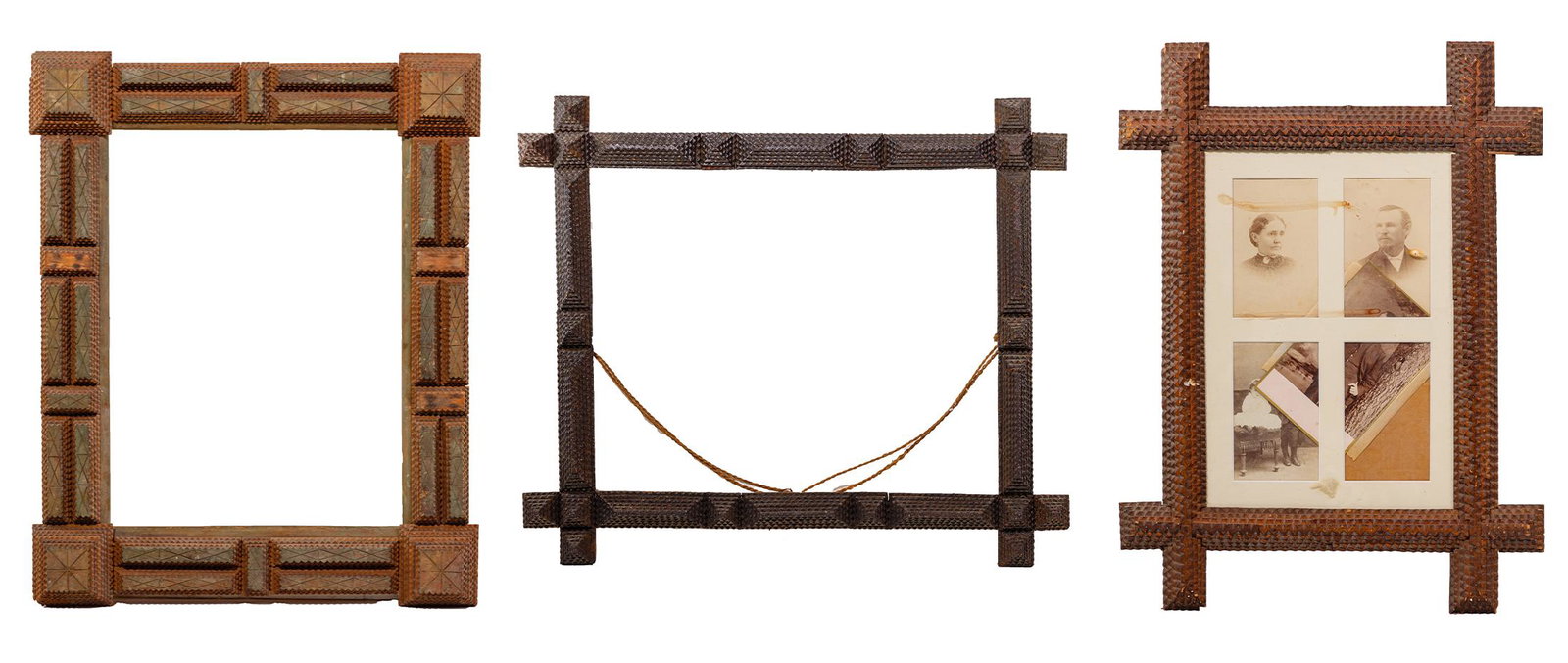 Tramp Art Frames: Tramp Art Frames (3) examples assembled using wooden boards having chip carved edges stacked on supports having crossed half-lap corner joints; (1) contains (4) photographs matted behind glass Propert