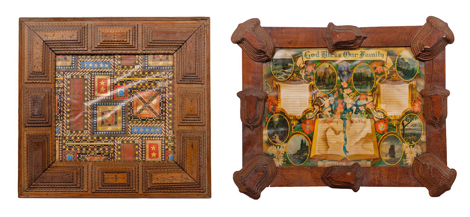 Tramp Art Frames: Tramp Art Frames (2) chip-carved wood items including a pyramid style containing a silk scarf having birthday greetings, behind glass; and an acorn motif decorated example containing an unused pictori