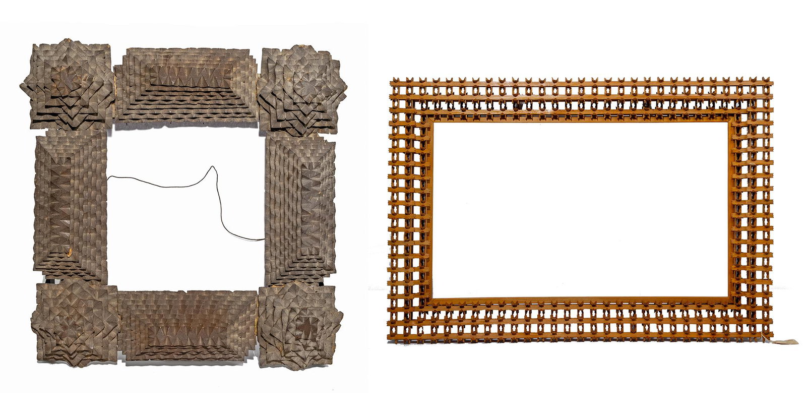 Tramp Art Frames: Tramp Art Frames (2) items including a 'Crown of Thorns' made from interlocking whittled wood pieces; and the other whittled, notched and assembled into 9-layers of geometric patterns Property from: t
